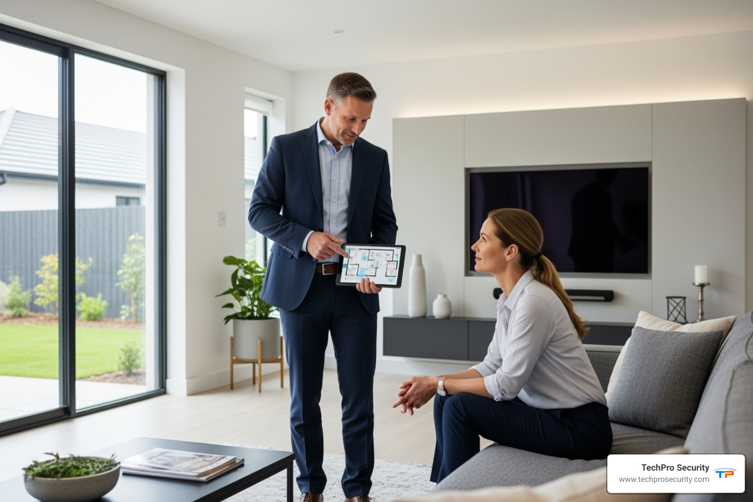 security expert consulting with a homeowner - home security system boca raton