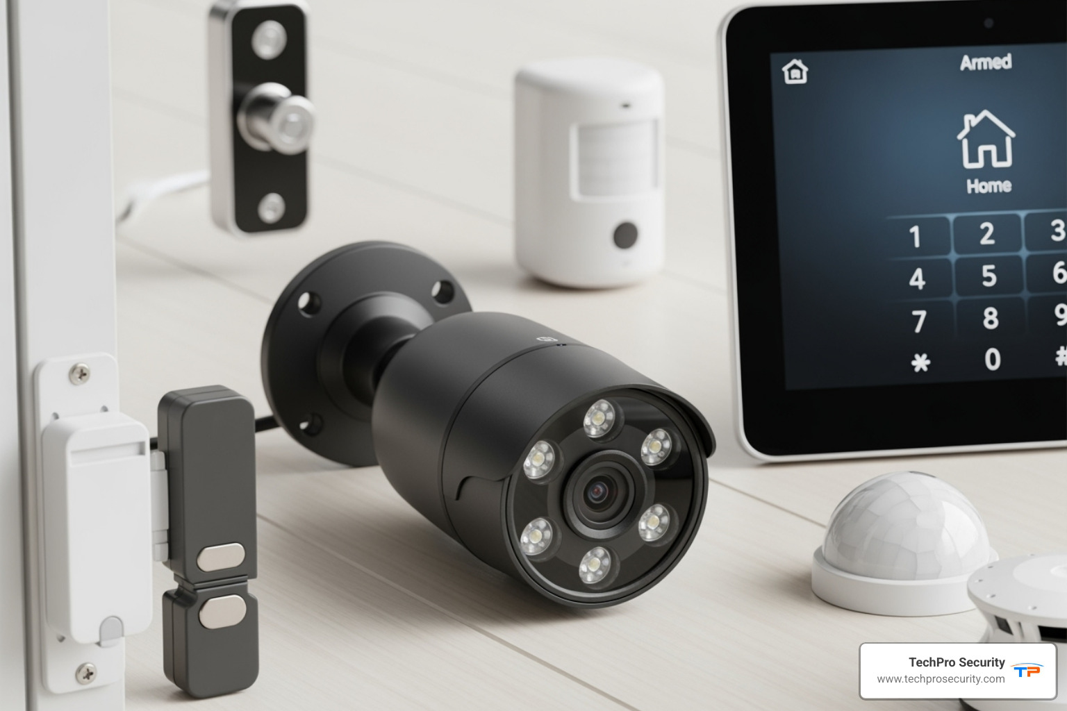 various security components like an outdoor camera, door sensor, and control panel - home security system boca raton