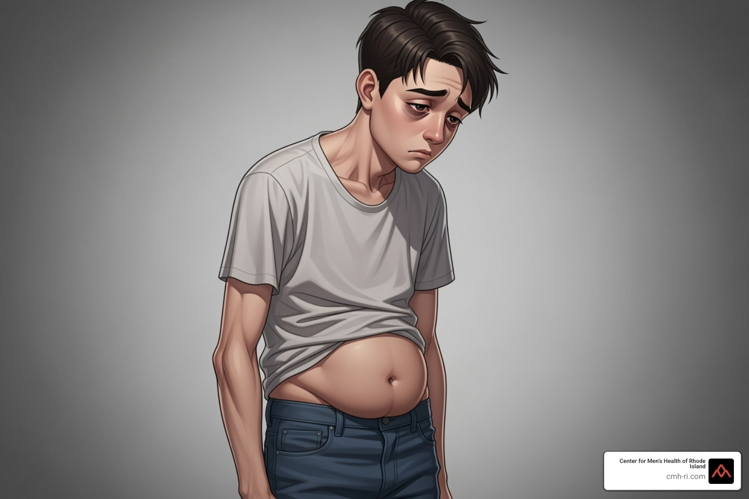 Illustration of a man showing various symptoms like fatigue, low mood, muscle loss, and increased fat - what causes low testosterone in young males