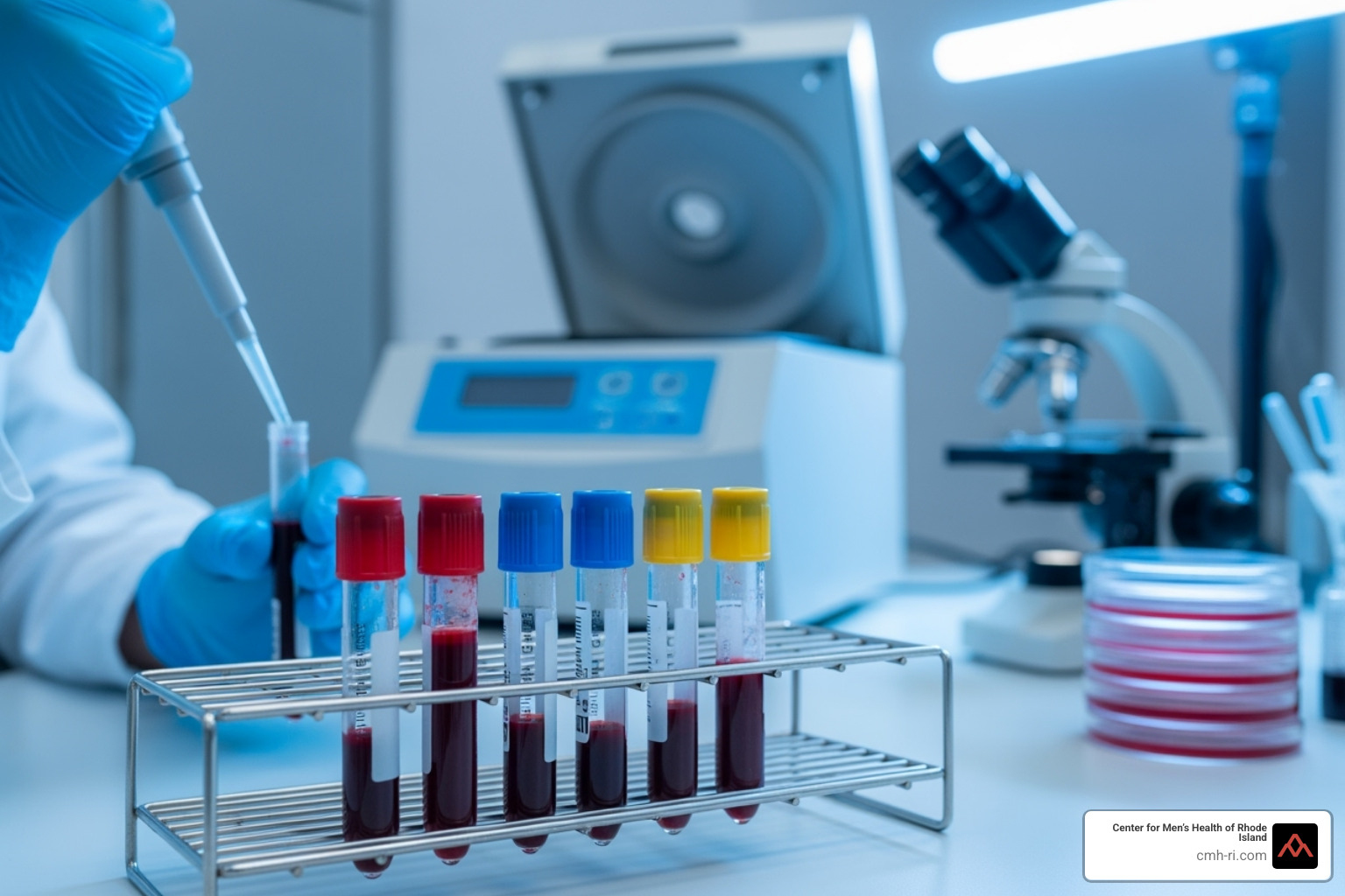 A close-up of blood test vials and laboratory equipment, representing diagnostic procedures - what causes low testosterone in young males
