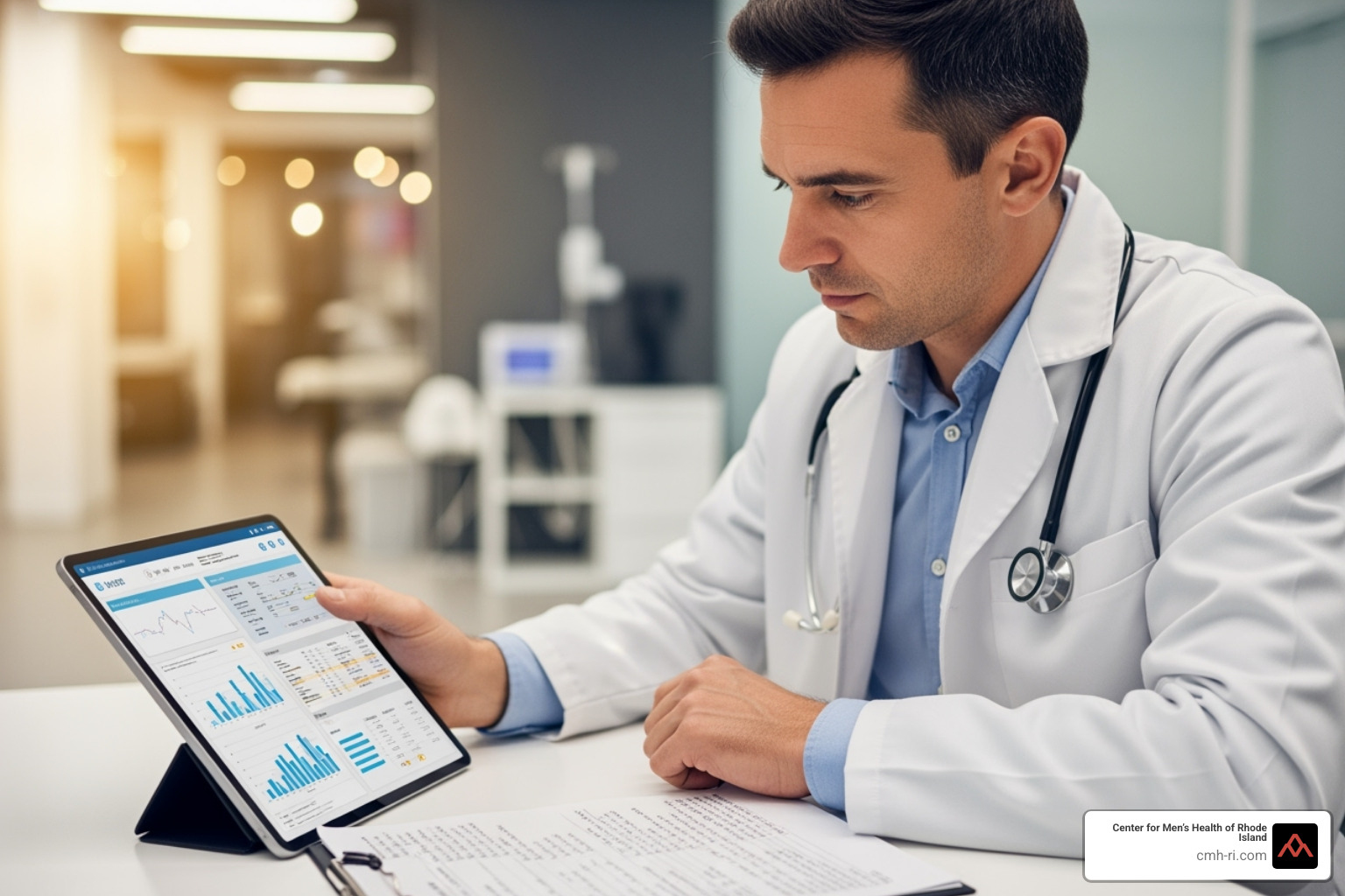A doctor reviewing a patient's medical chart, with a focus on details and professionalism - what causes low testosterone in young males