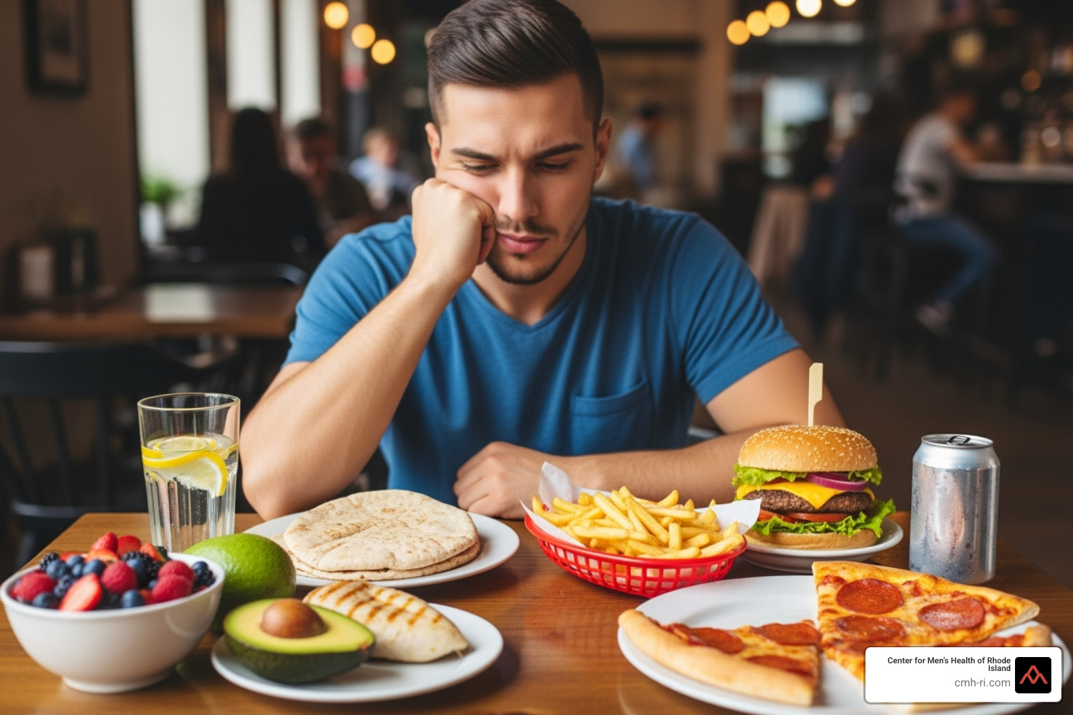 A man looking thoughtfully at a table with healthy food options on one side and junk food on the other - what causes low testosterone in young males