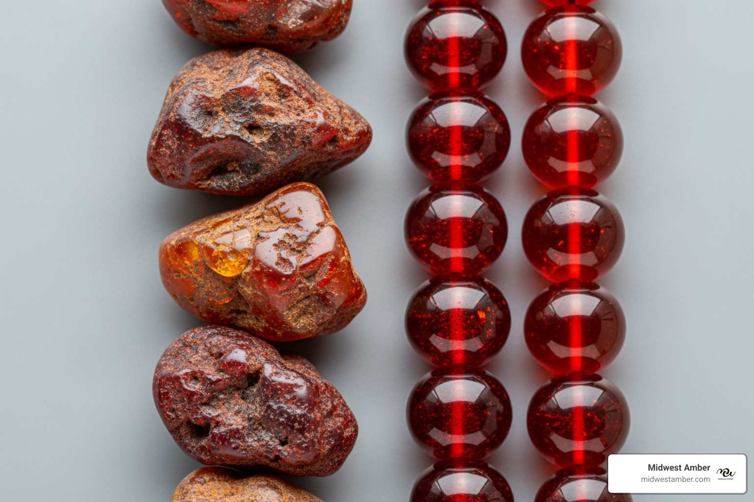 raw and polished cherry amber stones side-by-side - cherry amber necklace