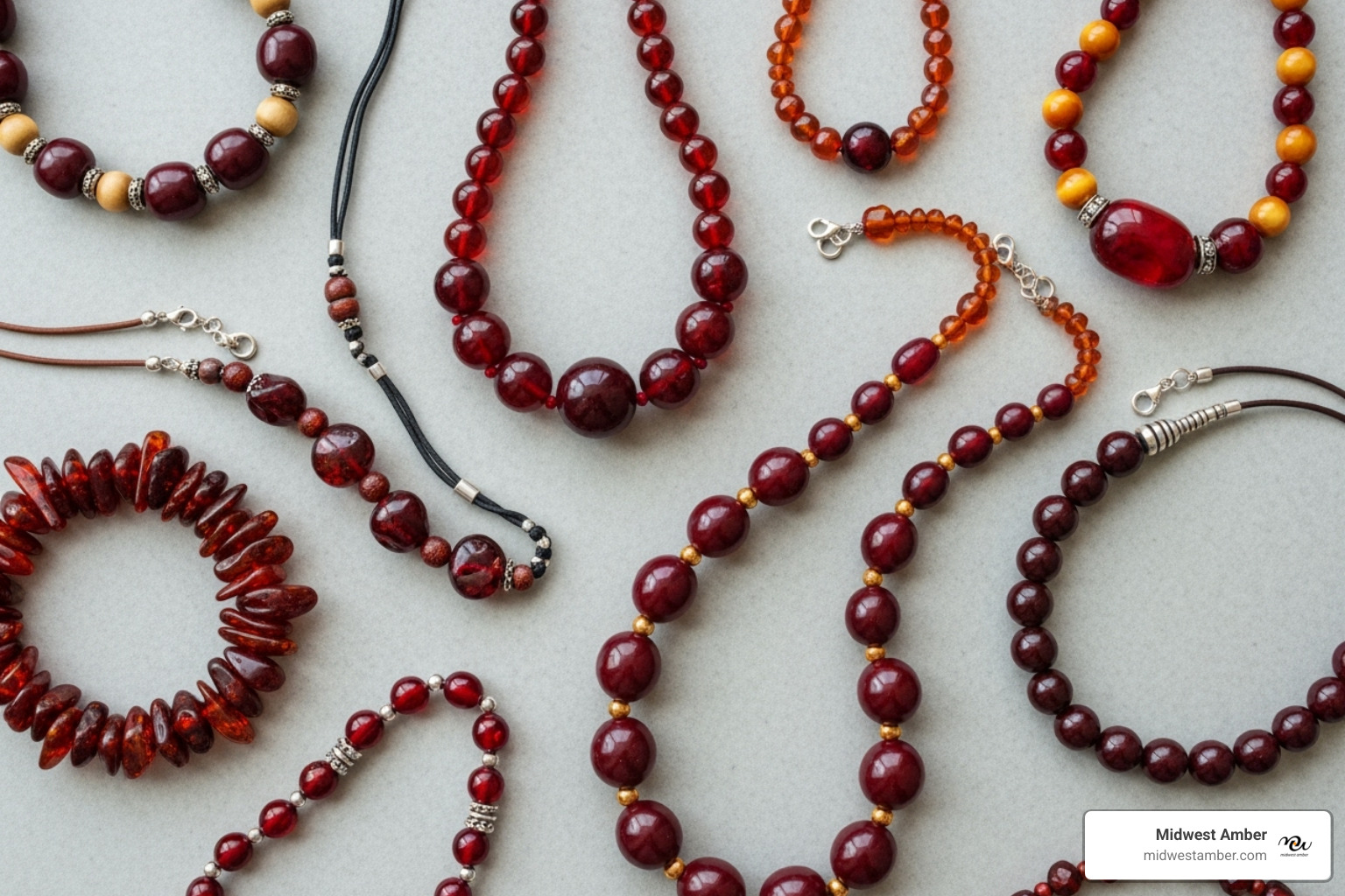 flat lay featuring several different styles of cherry amber necklaces - cherry amber necklace