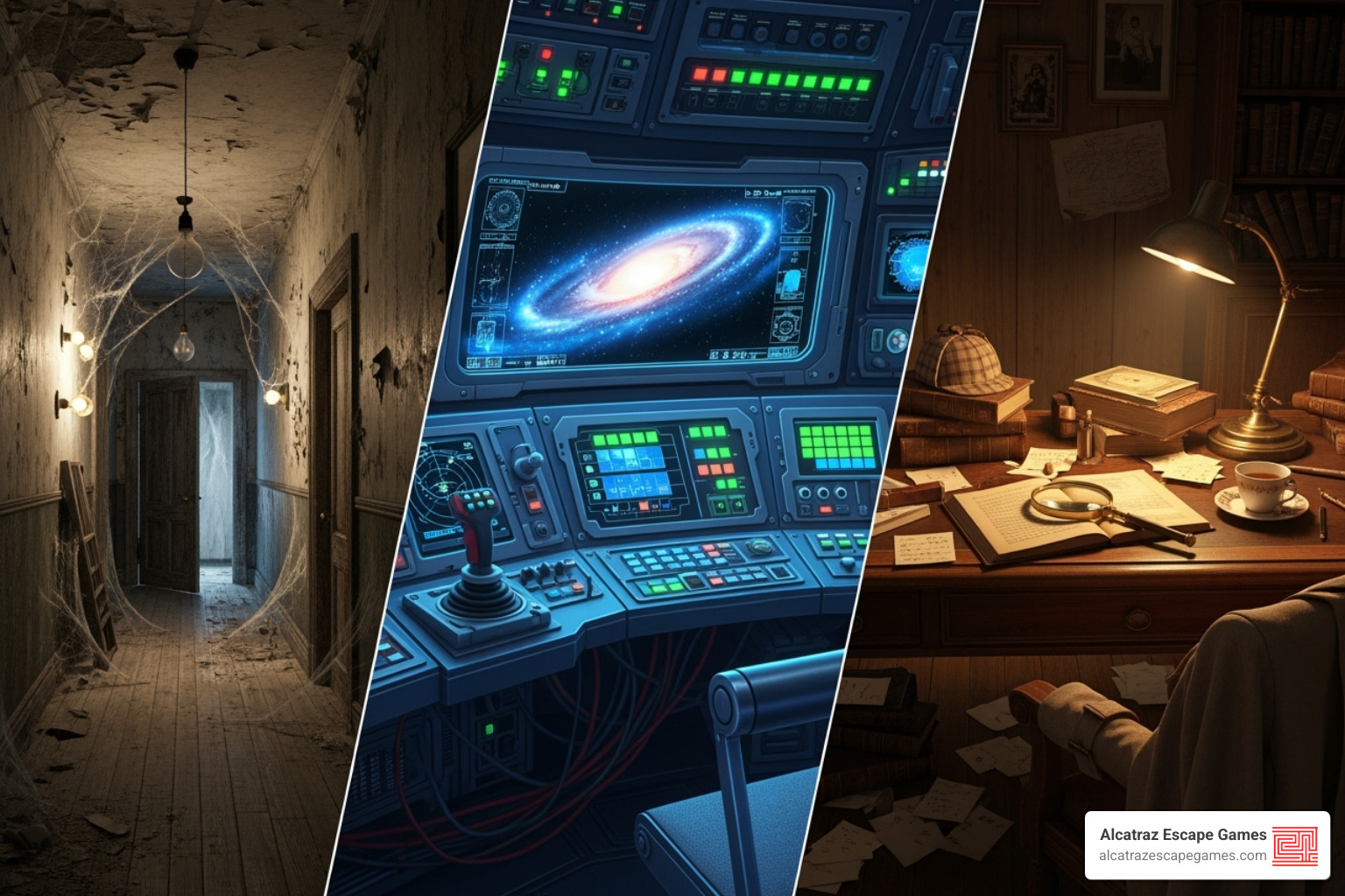 A collage of different escape room themes: a spooky hallway with cobwebs, a futuristic spaceship control panel with glowing lights, and a vintage detective's desk with old books and a magnifying glass - Escape room for adults