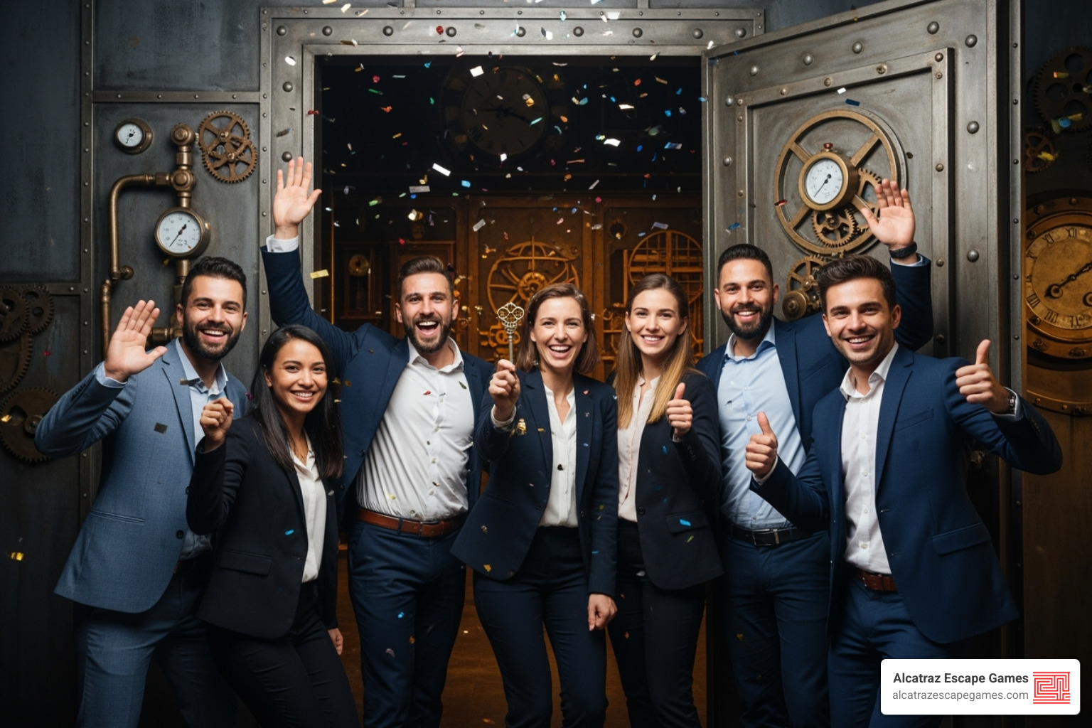 A corporate team posing triumphantly after completing an escape room, looking happy and cohesive - Escape room for adults