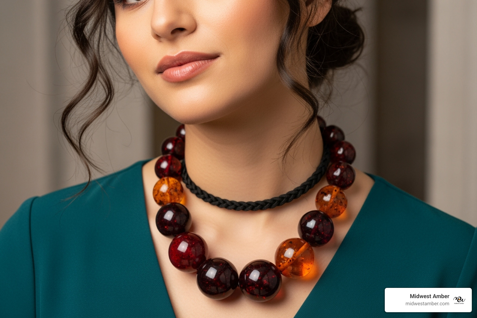 model wearing a large, bold cherry amber ball necklace - cherry amber necklace