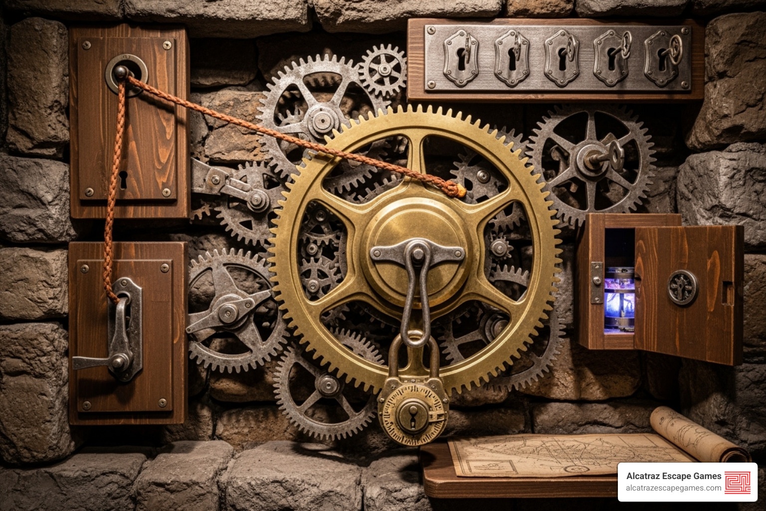 A complex, multi-layered puzzle mechanism within a room, featuring gears, locks, and hidden compartments - Escape room for adults