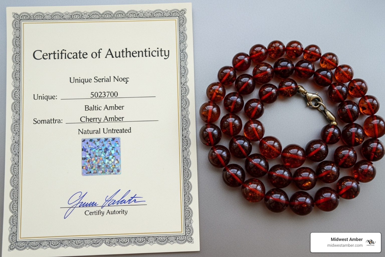 certificate of authenticity next to a cherry amber necklace - cherry amber necklace