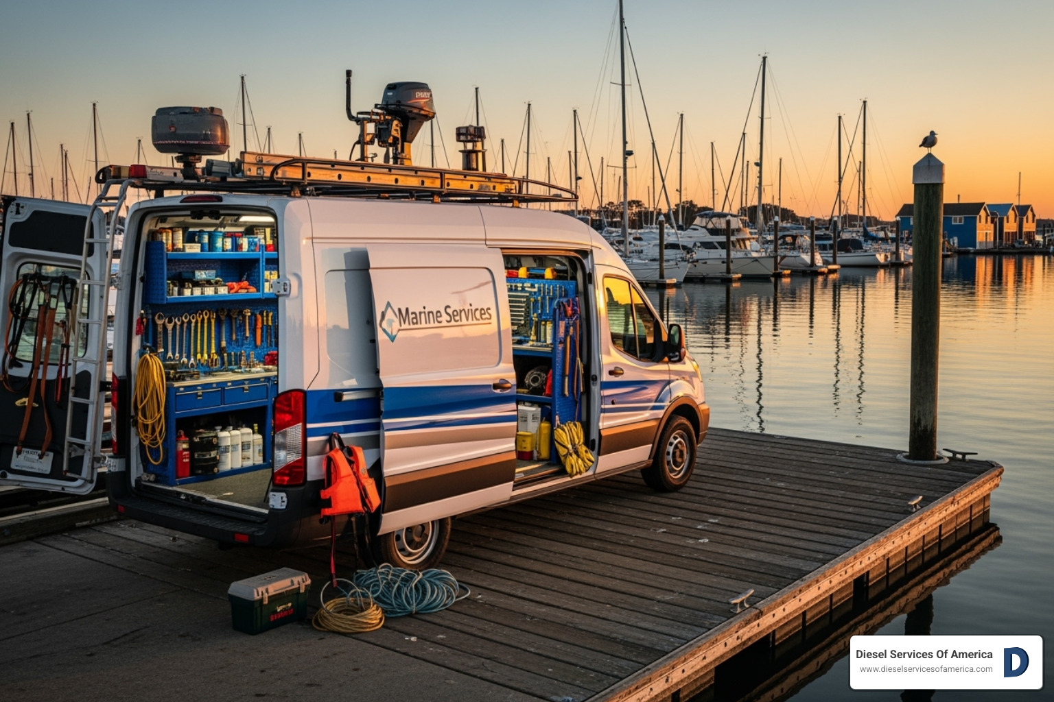 fully-equipped service van parked at a marina dock - crusader engone service near me