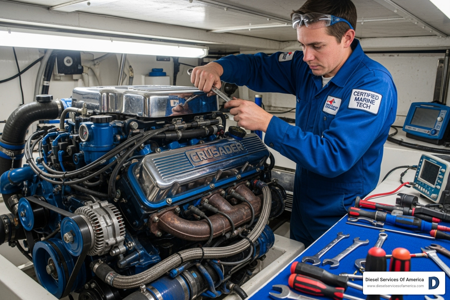 certified technician working carefully on a Crusader marine engine - crusader engone service near me