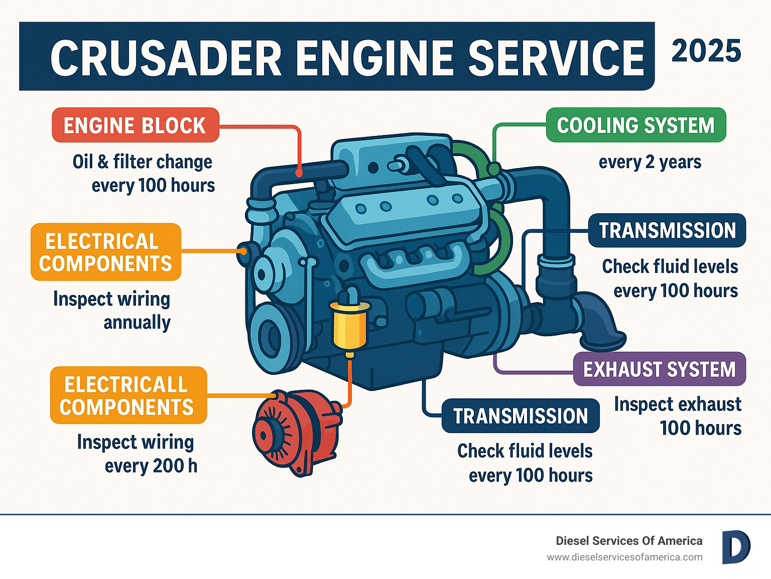 Infographic showing Crusader marine engine service components including engine block, cooling system, fuel system, electrical components, transmission, and exhaust system with maintenance intervals and key service points highlighted - crusader engone service near me infographic 
