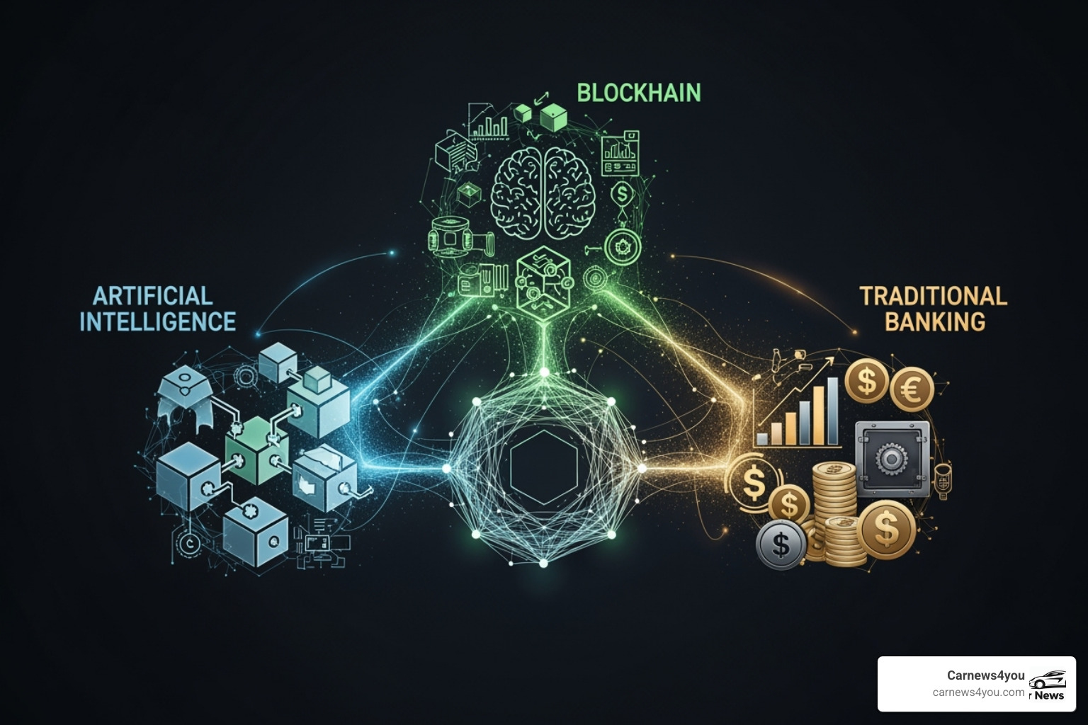 the connection between technology and finance with icons for AI, Blockchain, and Banking