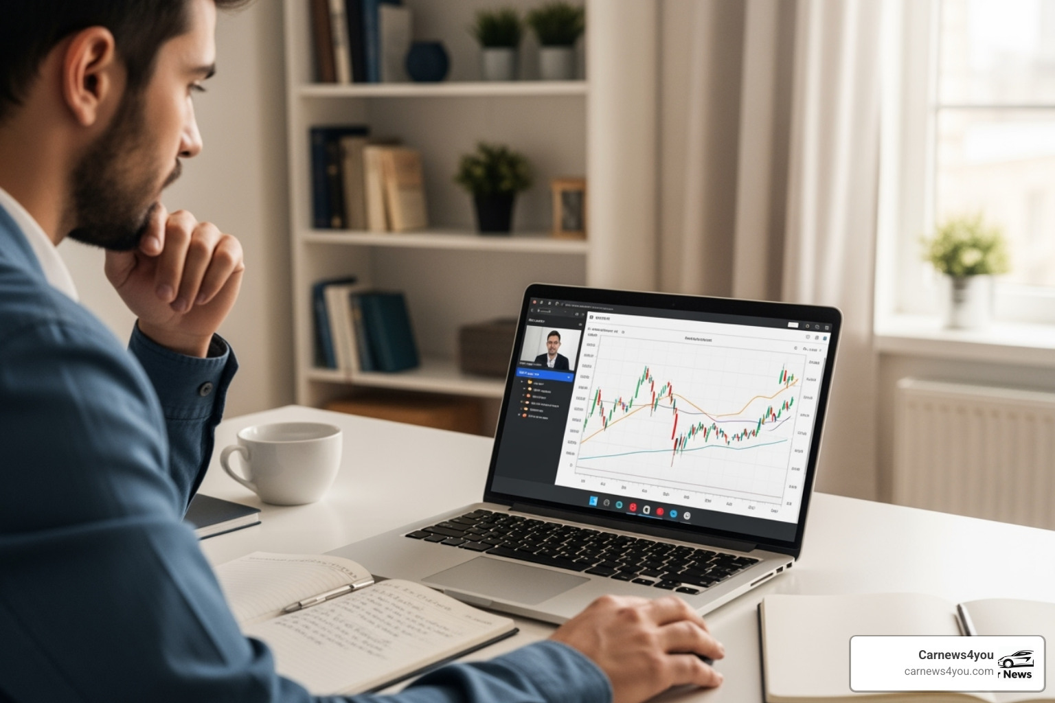 a person participating in an online webinar about finance