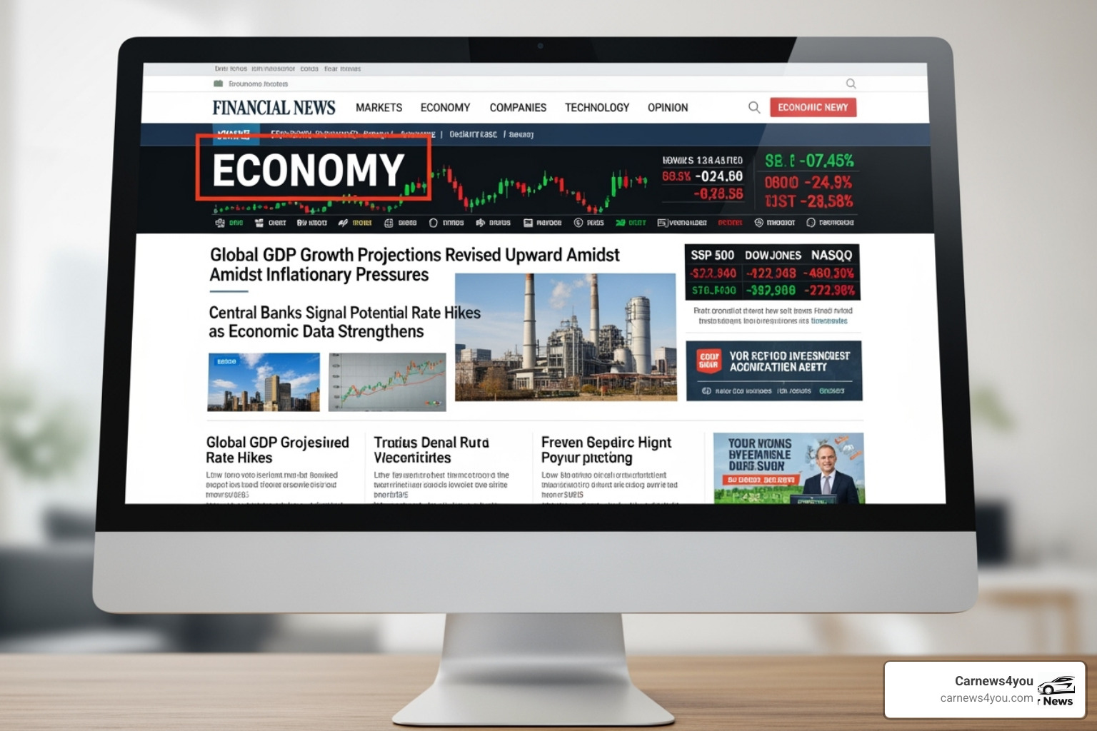 a financial news website homepage highlighting the 'Economy' tab