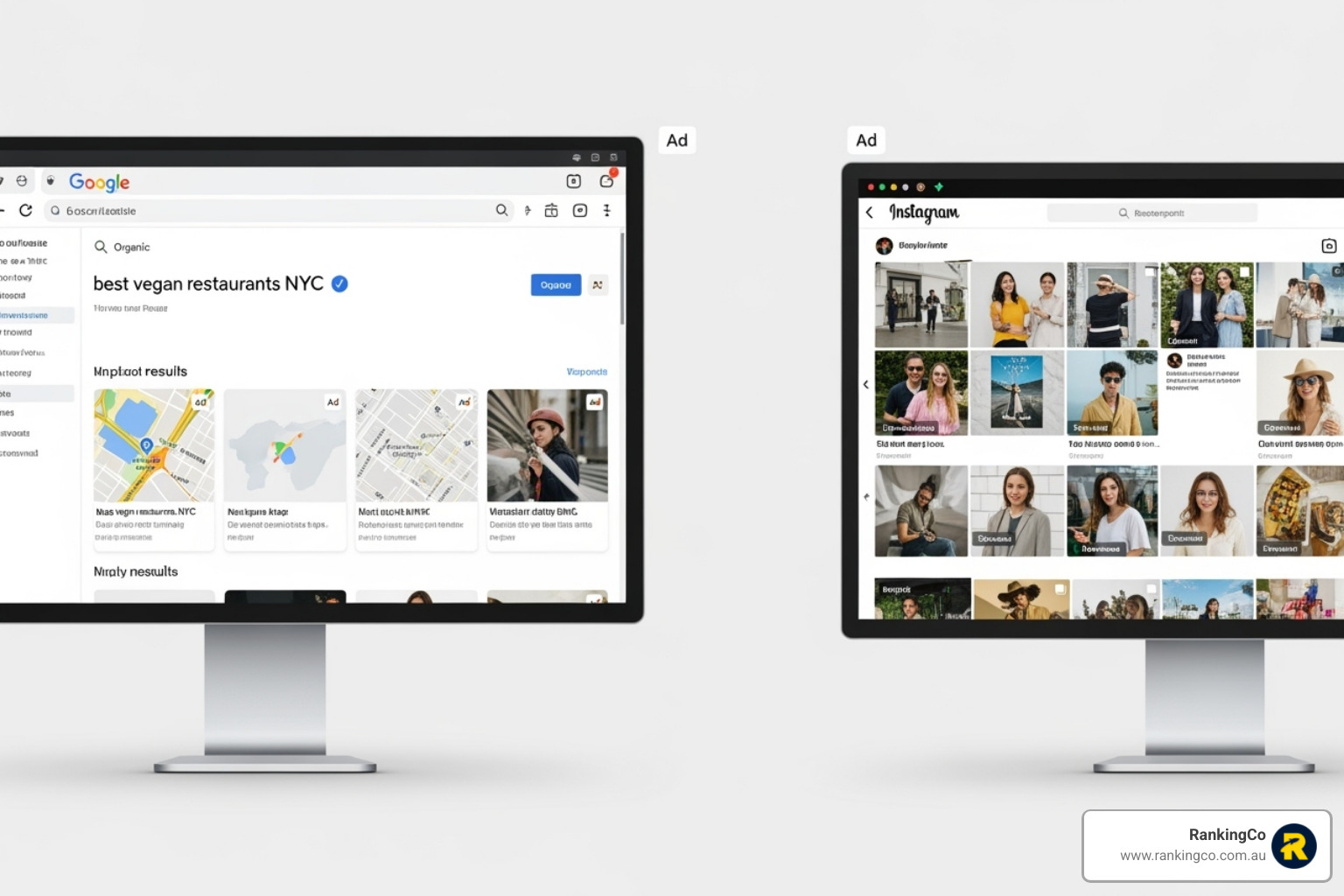 Side-by-side comparison of Google Search results page and Instagram feed, highlighting where ads appear - Growing your customer base with Google & Meta Ads
