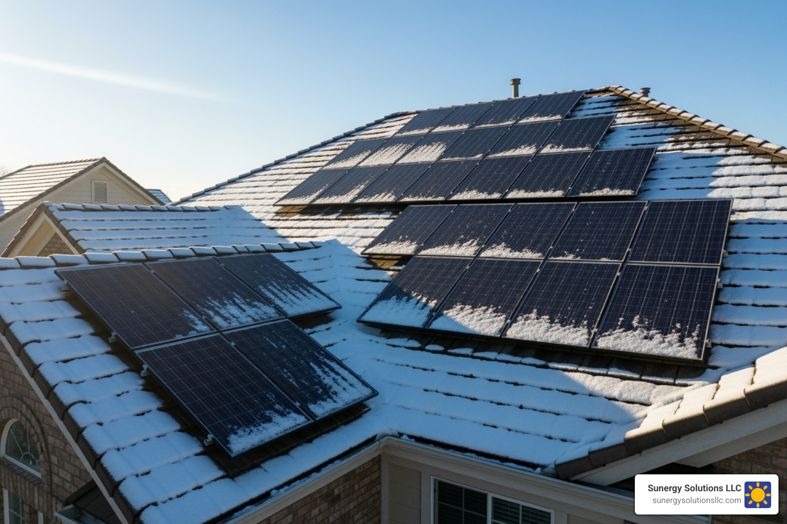 solar panels on a roof with a light dusting of snow, with the sun shining - Solar installers New Hampshire