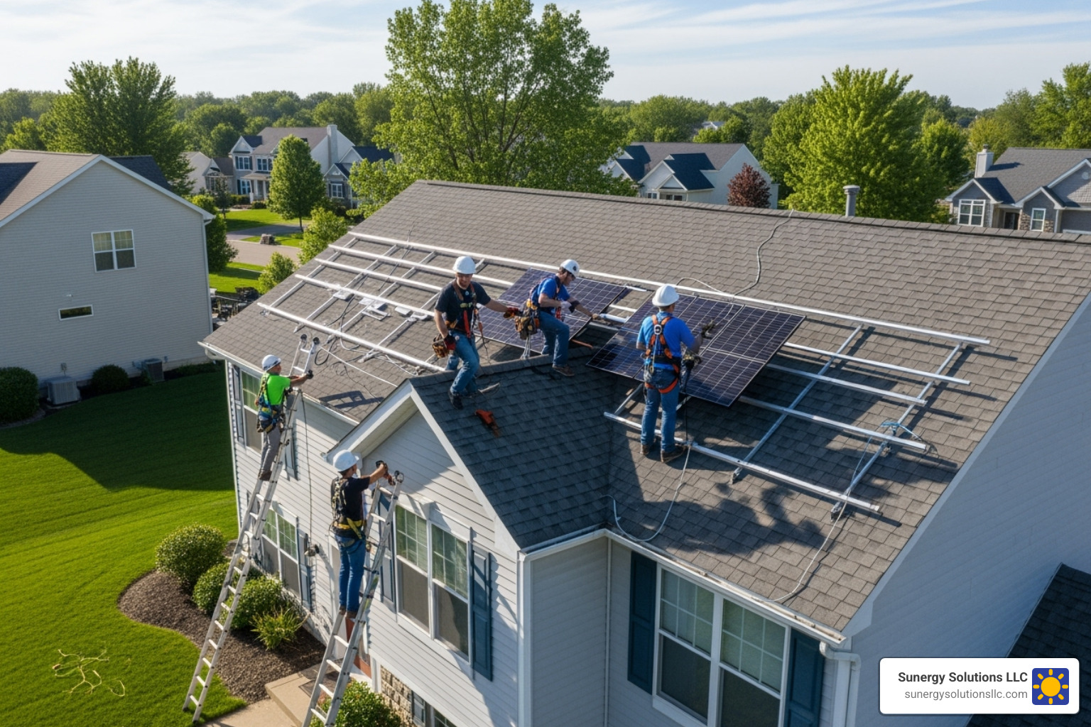 solar installation team safely working on a roof in a US suburban neighborhood - Solar installers New Hampshire