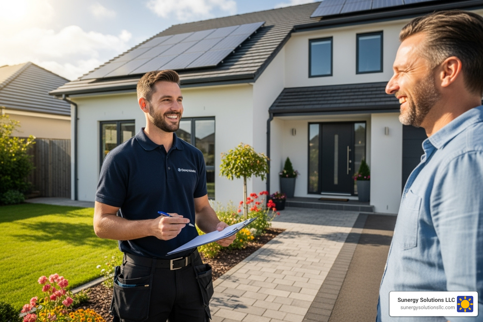 friendly solar installer with a clipboard talking to a homeowner in front of their house - Solar installers New Hampshire
