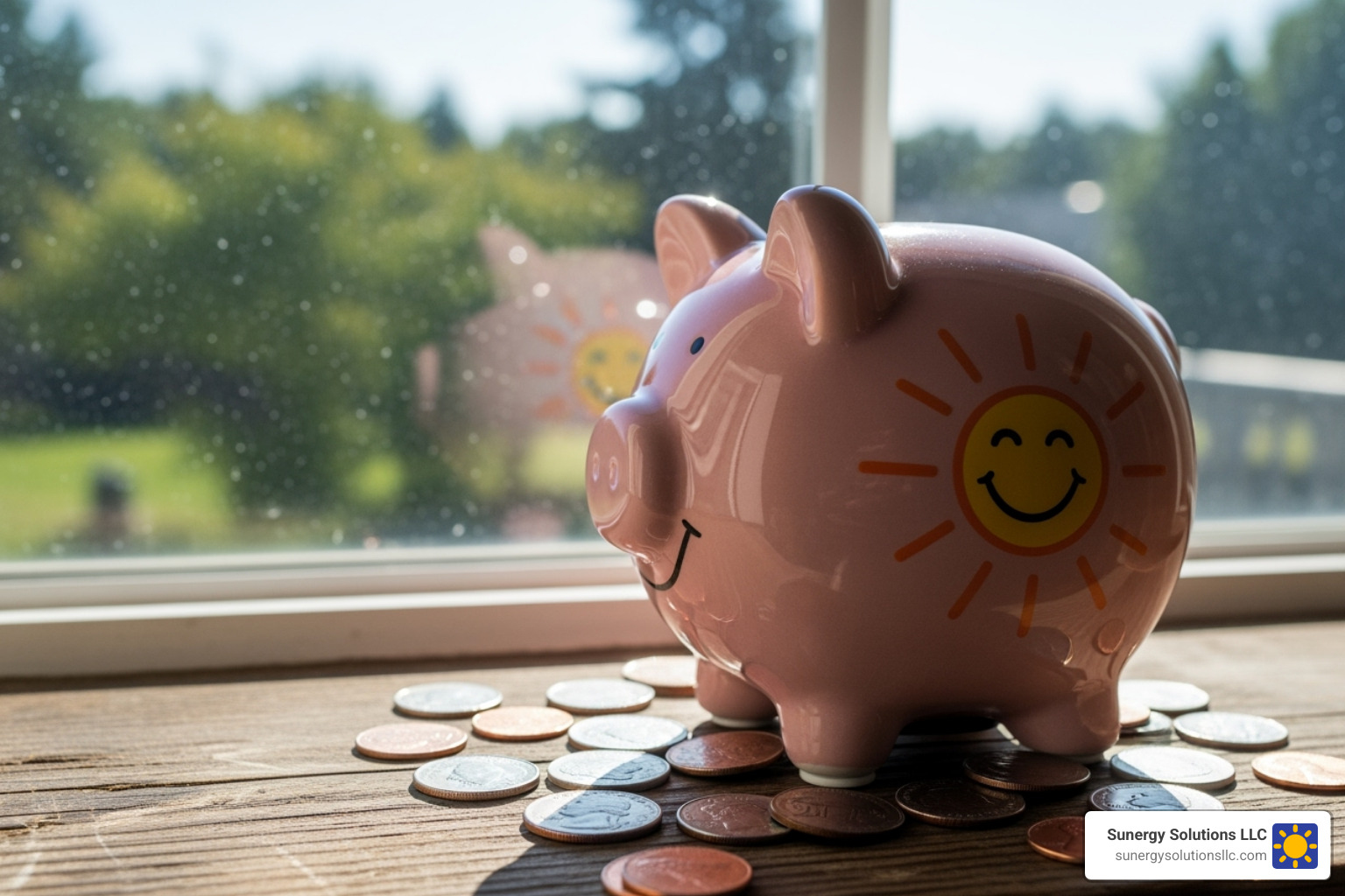 piggy bank with a sun logo on it, sitting on a windowsill - Solar installers New Hampshire
