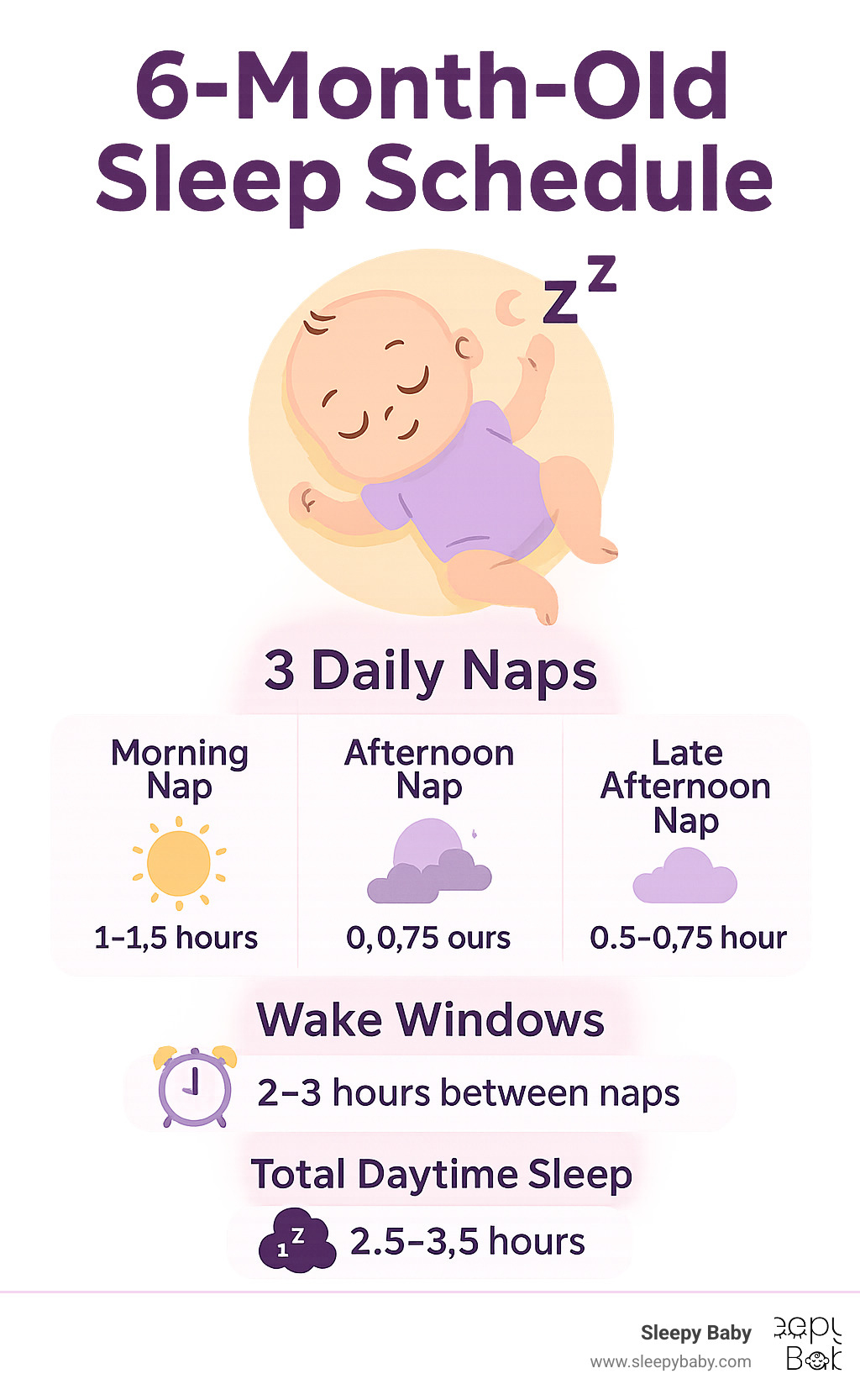 Detailed infographic showing 6-month-old sleep schedule with 3 daily naps, wake windows of 2-3 hours, total daytime sleep of 2.5-3.5 hours, and bedtime between 7-8 PM - how many naps for 6 month old infographic 