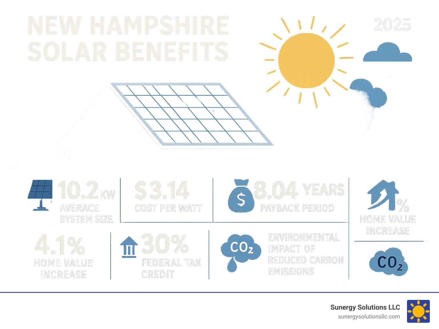 Comprehensive infographic showing New Hampshire solar benefits including average 10.2 kW system size, $3.14 per watt cost, 8.04 year payback period, $93,597 in 25-year savings, 4.1% home value increase, 30% federal tax credit, and environmental impact of reduced carbon emissions - Solar installers New Hampshire infographic 