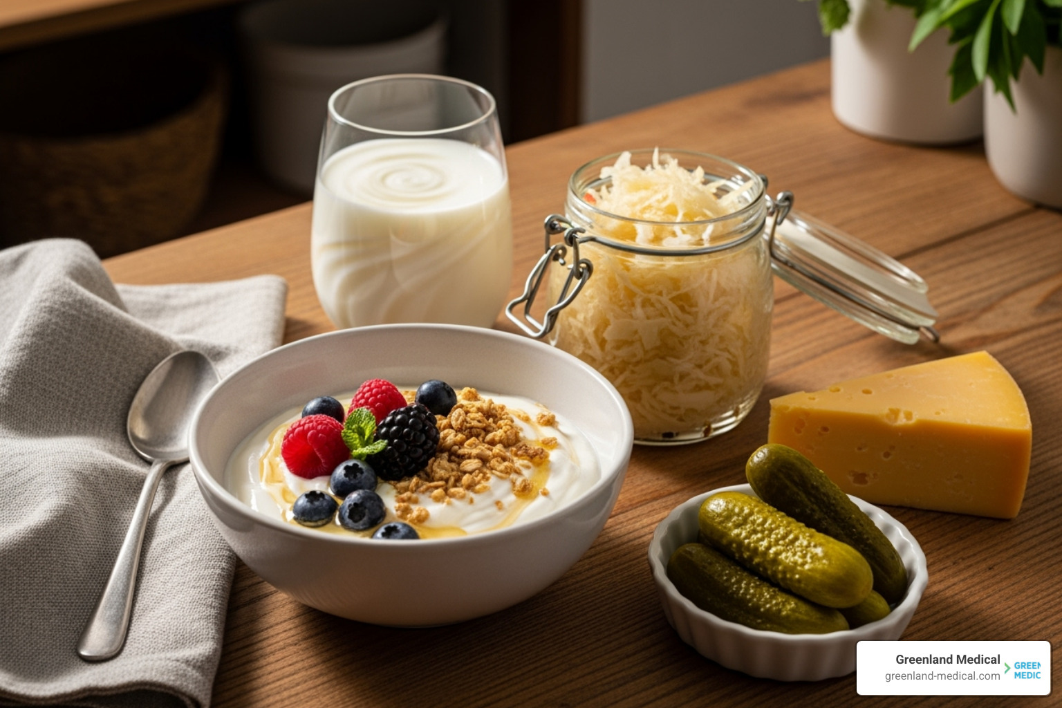 Probiotic-rich foods like yogurt, kefir, and sauerkraut arranged on a wooden table. - natural remedies for bloating