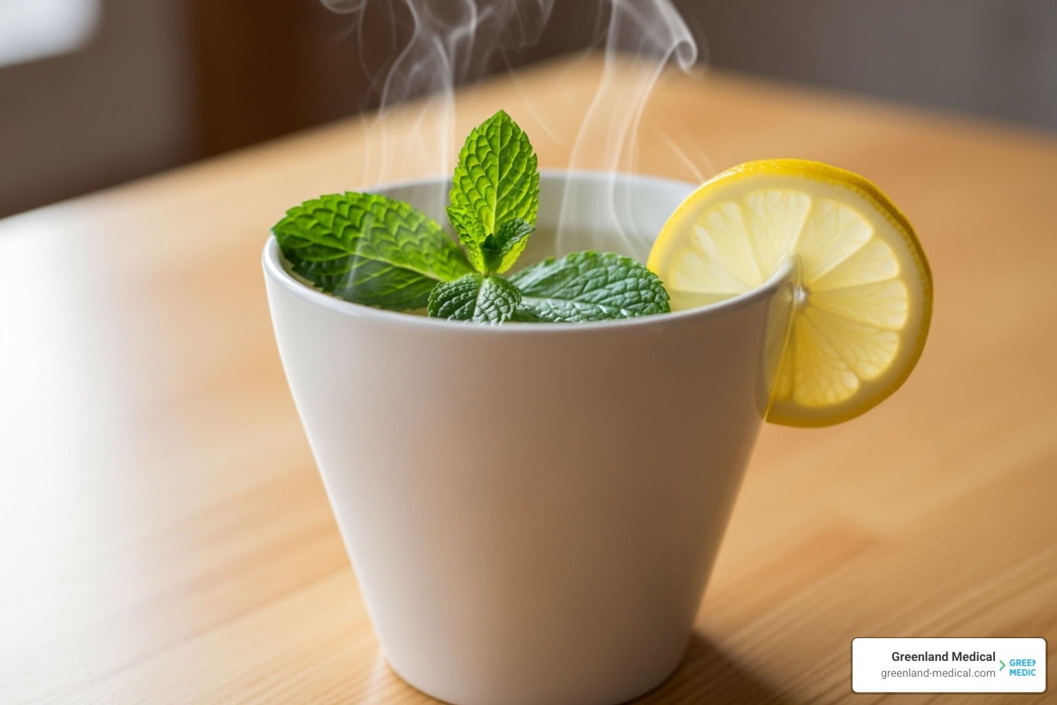 A cup of peppermint tea with fresh mint leaves and a slice of lemon. - natural remedies for bloating