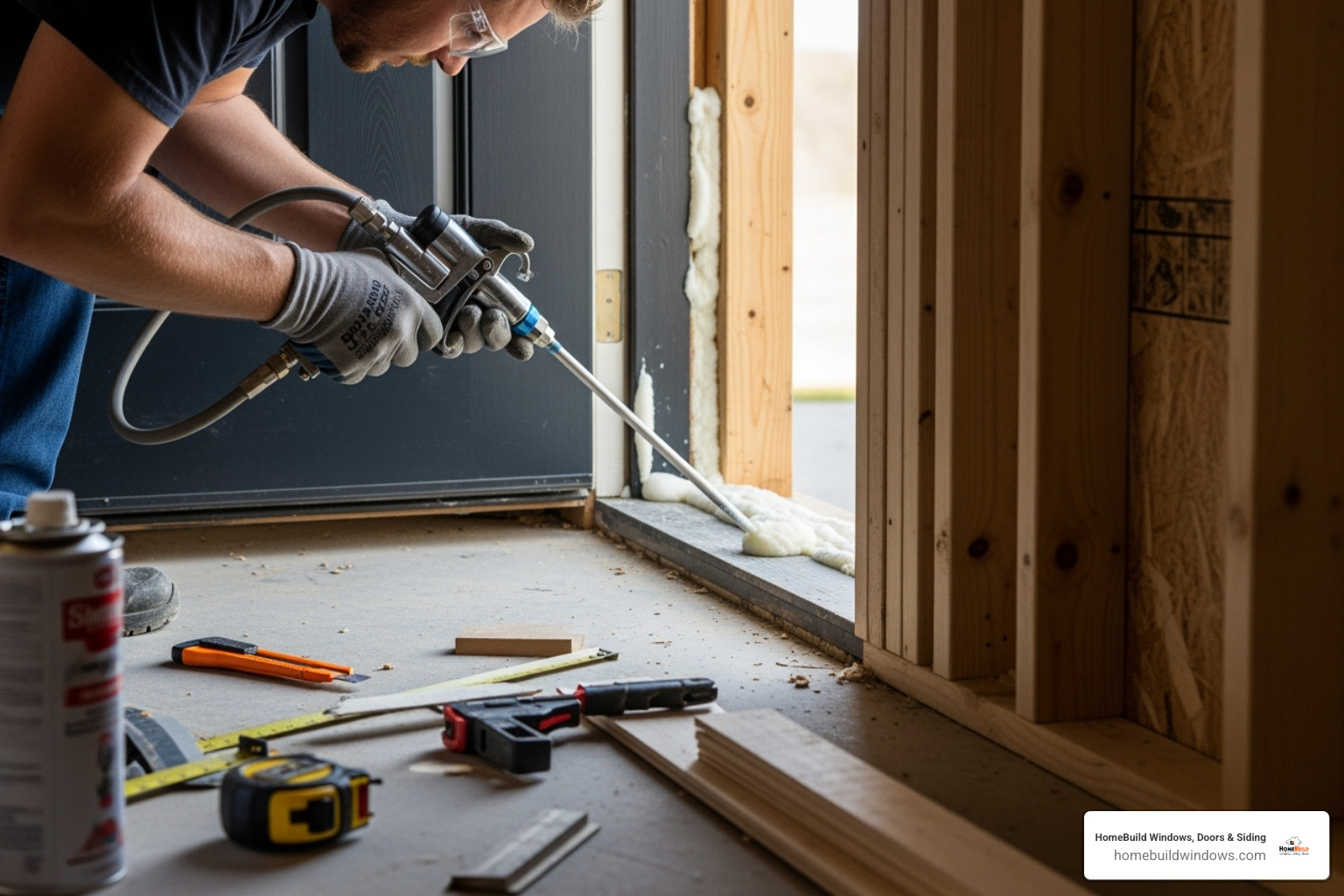 person applying low-expansion spray foam insulation in the gap between the door frame and rough opening - front door installation