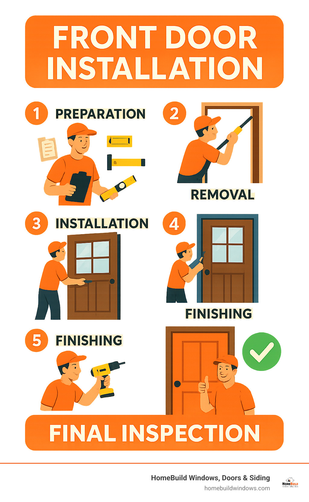 Infographic showing the 5 main stages of front door installation: Preparation, Removal, Installation, Sealing, and Finishing, followed by Final Inspection - front door installation infographic 