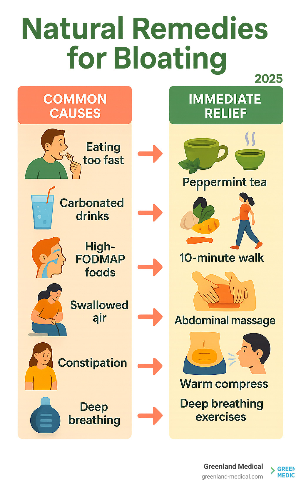 Infographic showing common bloating causes on the left (eating too fast, carbonated drinks, high-FODMAP foods, swallowed air, constipation) with arrows pointing to immediate natural remedies on the right (peppermint tea, 10-minute walk, abdominal massage, warm compress, deep breathing exercises) - natural remedies for bloating infographic 