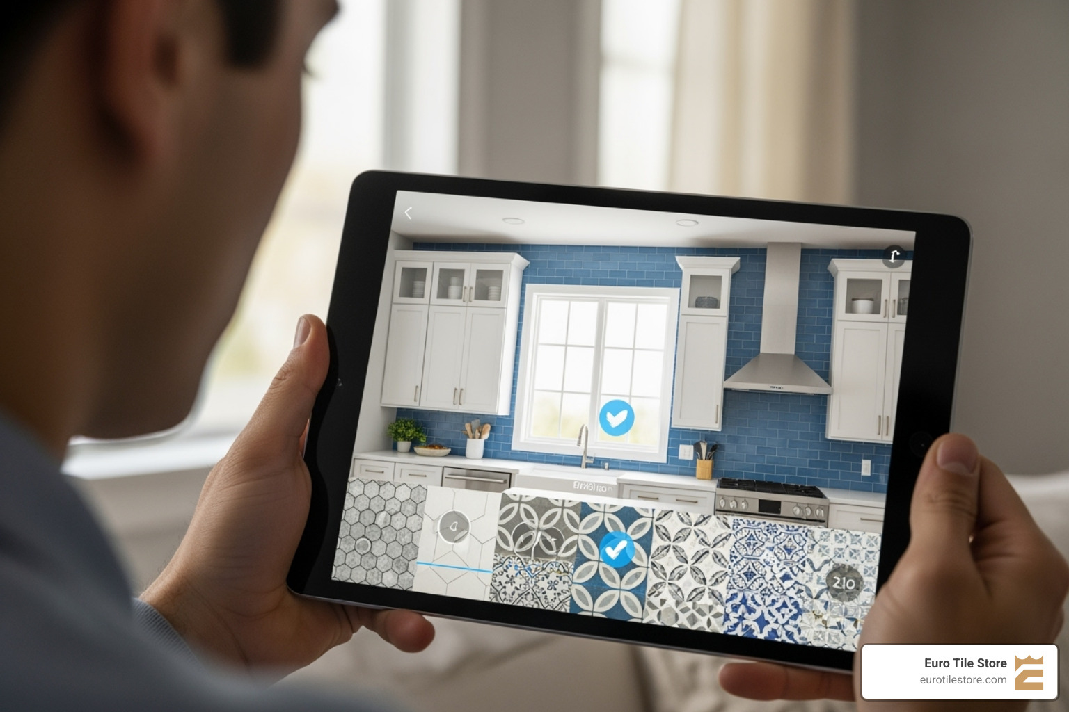 A person using a tablet with a tile visualizer app, showing different tile patterns applied to a kitchen wall - Tile shop New York