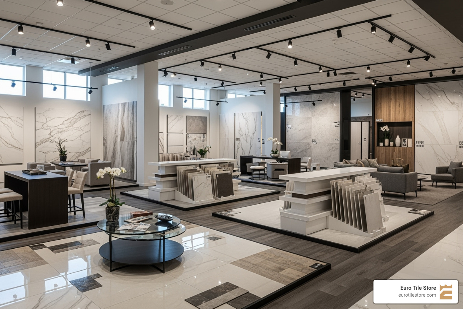 A luxurious and modern tile showroom interior, featuring large format tiles, neat lighting, and organized product displays - Tile shop New York