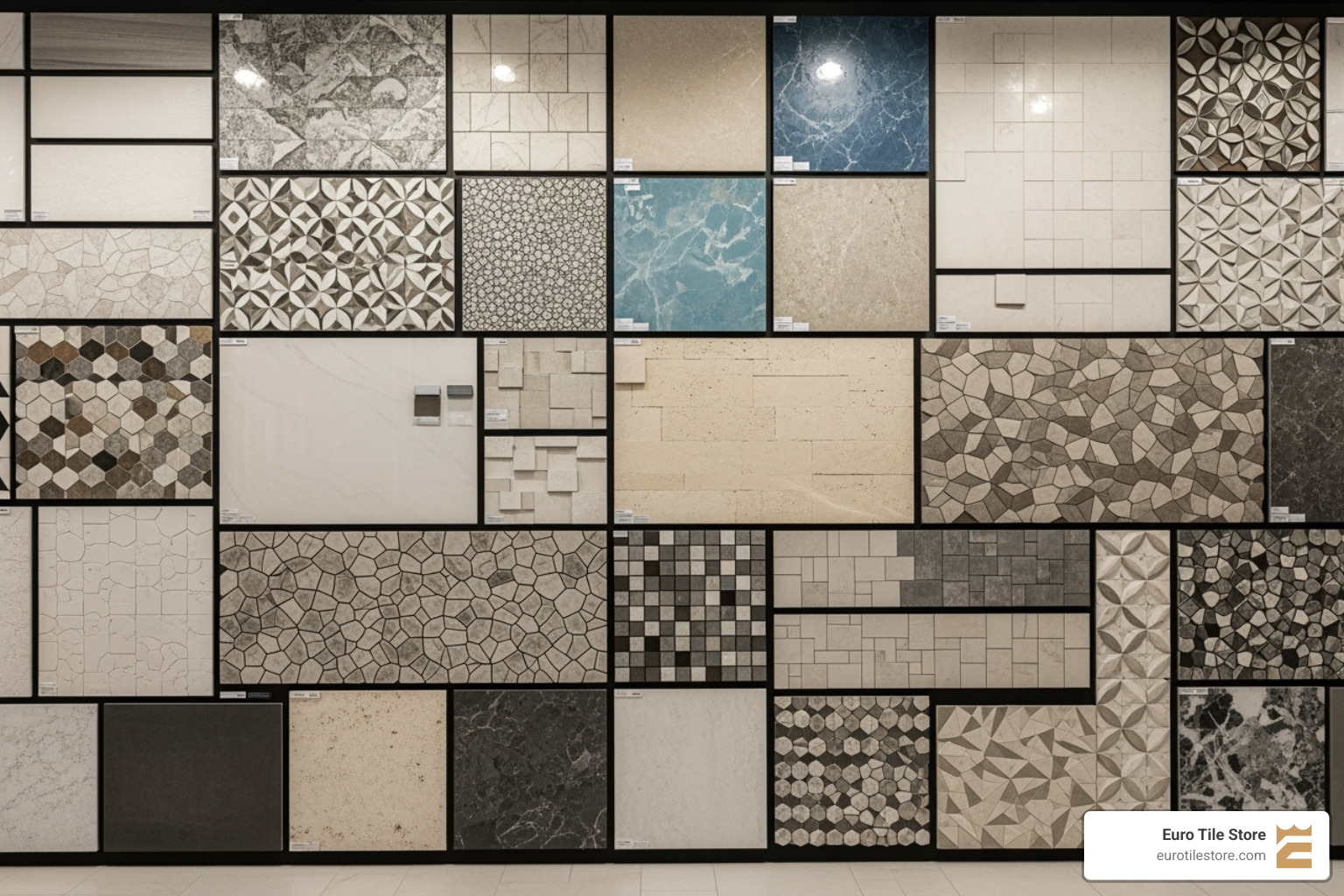 A diverse tile display wall in a showroom, showcasing various textures, colors, and patterns of tiles arranged aesthetically - Tile shop New York
