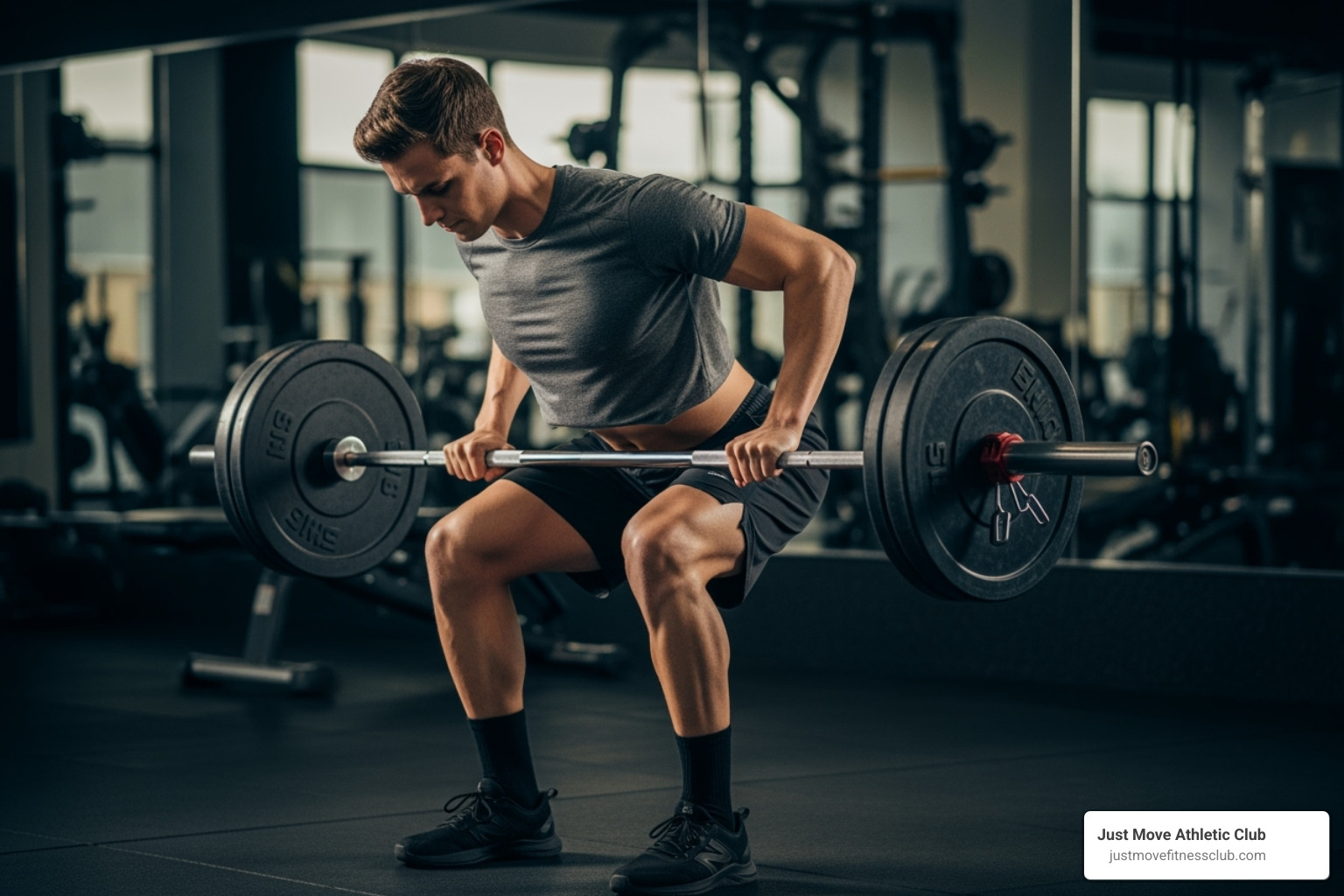 A person performing a bent-over barbell row with proper form, back straight, core engaged, pulling the bar to the lower chest - full body workout routine muscle and strength