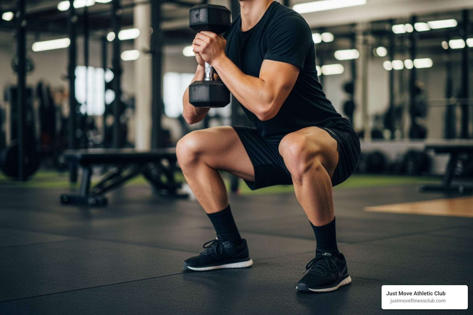 A person performing a dumbbell goblet squat as a joint-friendly alternative to a barbell squat - full body workout routine muscle and strength