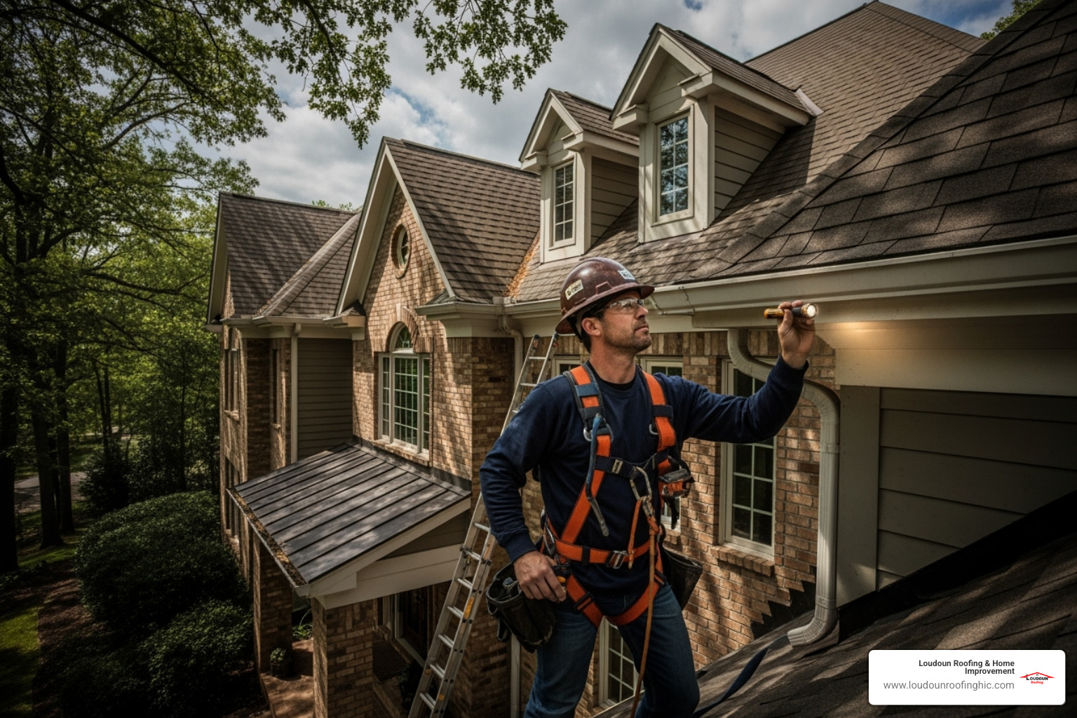 A professional roofer from Loudoun Roofing, wearing an OSHA-compliant safety harness, inspecting a complex roofline on a multi-story home, assessing the integrity of the soffit and fascia. - Roof and soffit repair