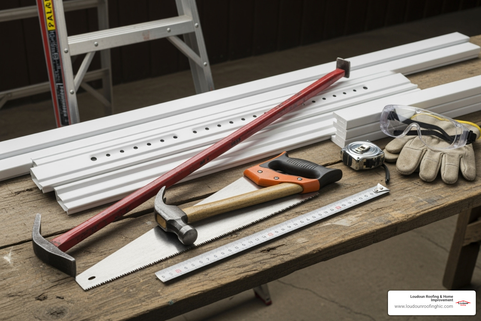 A collection of common tools and materials for soffit and fascia repair, including ladders, pry bars, hammers, saws, measuring tape, new soffit panels, fascia boards, and safety gear like gloves and goggles. - Roof and soffit repair