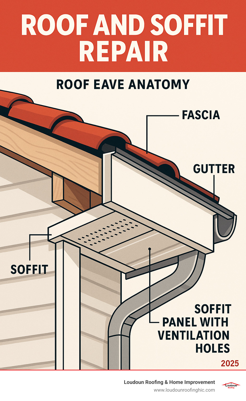 Detailed infographic showing roof eave anatomy including labeled soffit panels with ventilation holes, fascia board supporting gutters, rafter tails, and the connection points between these components - Roof and soffit repair infographic 