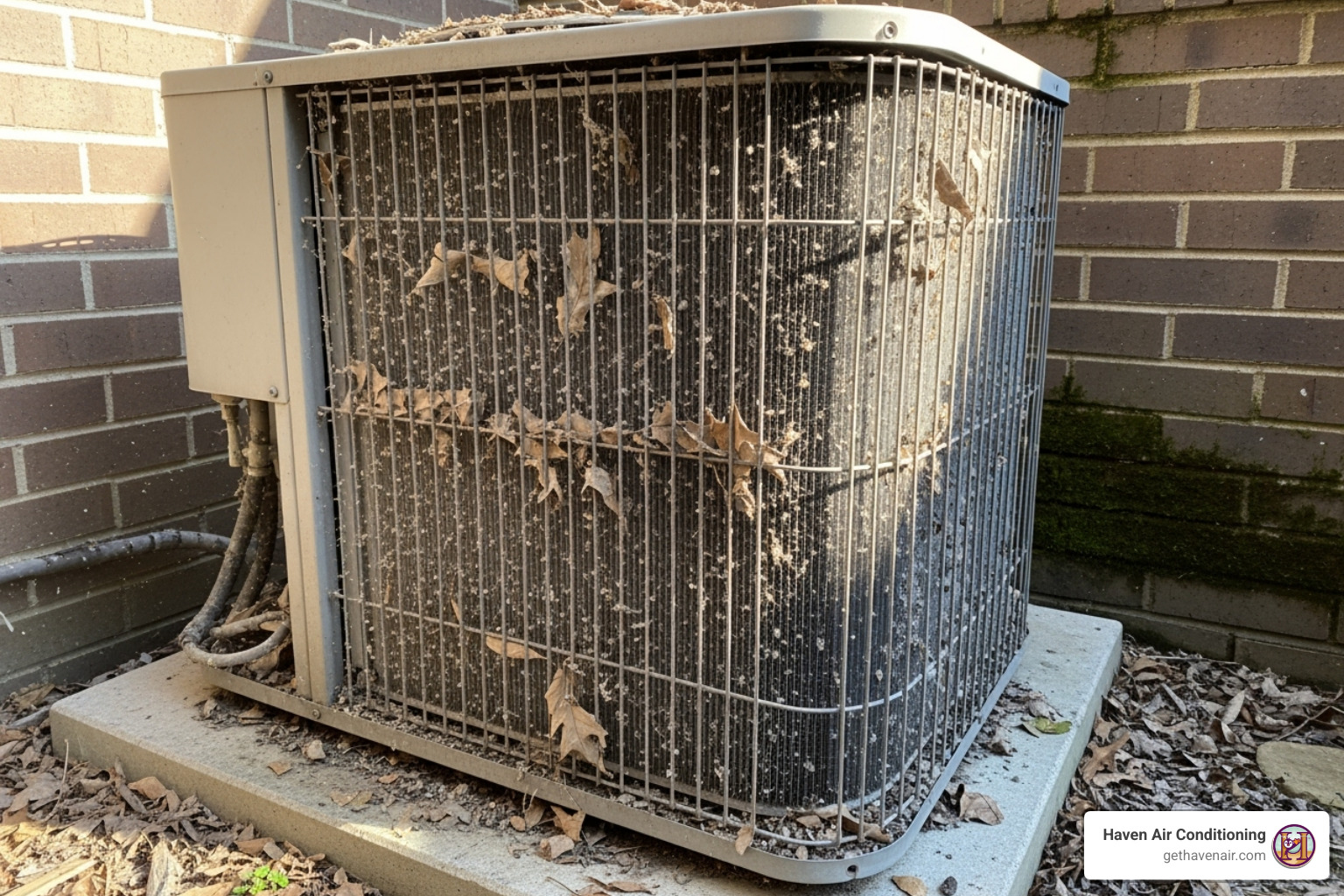 An outdoor AC condenser unit showing dirty coils, highlighting the impact of neglected maintenance on system efficiency and performance. - ac repair riverside