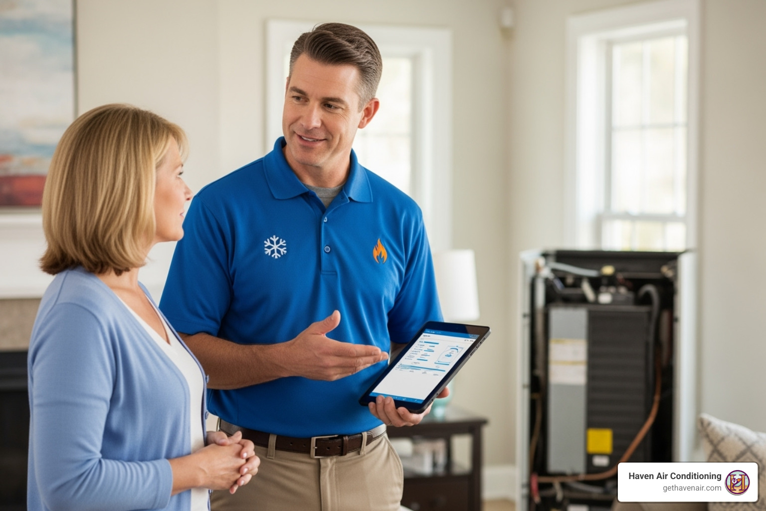 A friendly, professional HVAC technician in uniform speaking with a homeowner, illustrating trust and clear communication during an AC service visit. - ac repair riverside