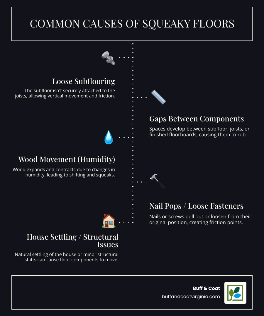 Common causes of squeaky floors infographic showing cross-section of floor with loose subflooring, nail pops, gaps between joists and subfloor, and wood movement from humidity changes - squeaky floor repair near me infographic infographic-line-5-steps-dark Common causes of squeaky floors infographic showing cross-section of floor with loose subflooring, nail pops, gaps between joists and subfloor, and wood movement from humidity changes - squeaky floor repair near me infographic infographic-line-5-steps-dark