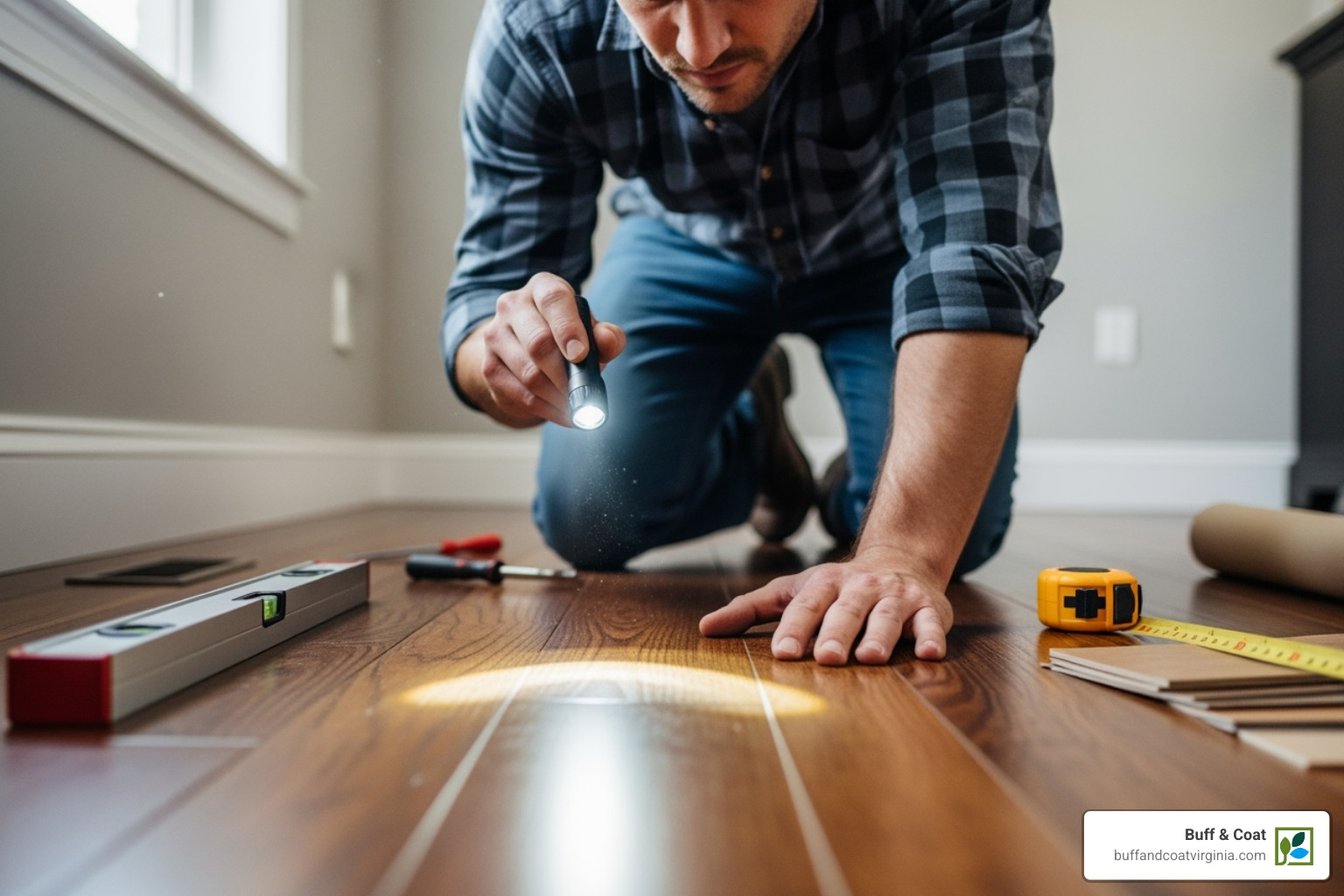 professional contractor inspecting hardwood floor with tools - squeaky floor repair near me professional contractor inspecting hardwood floor with tools - squeaky floor repair near me