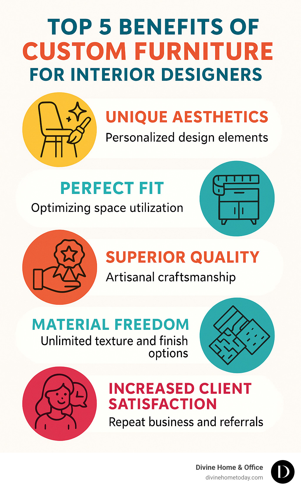 Infographic showing the top 5 benefits of custom furniture for interior designers: Unique Aesthetics with personalized design elements, Perfect Fit for optimizing space utilization, Superior Quality through artisanal craftsmanship, Material Freedom allowing unlimited texture and finish options, and Increased Client Satisfaction leading to repeat business and referrals - custom furniture for interior designers infographic Infographic showing the top 5 benefits of custom furniture for interior designers: Unique Aesthetics with personalized design elements, Perfect Fit for optimizing space utilization, Superior Quality through artisanal craftsmanship, Material Freedom allowing unlimited texture and finish options, and Increased Client Satisfaction leading to repeat business and referrals - custom furniture for interior designers infographic