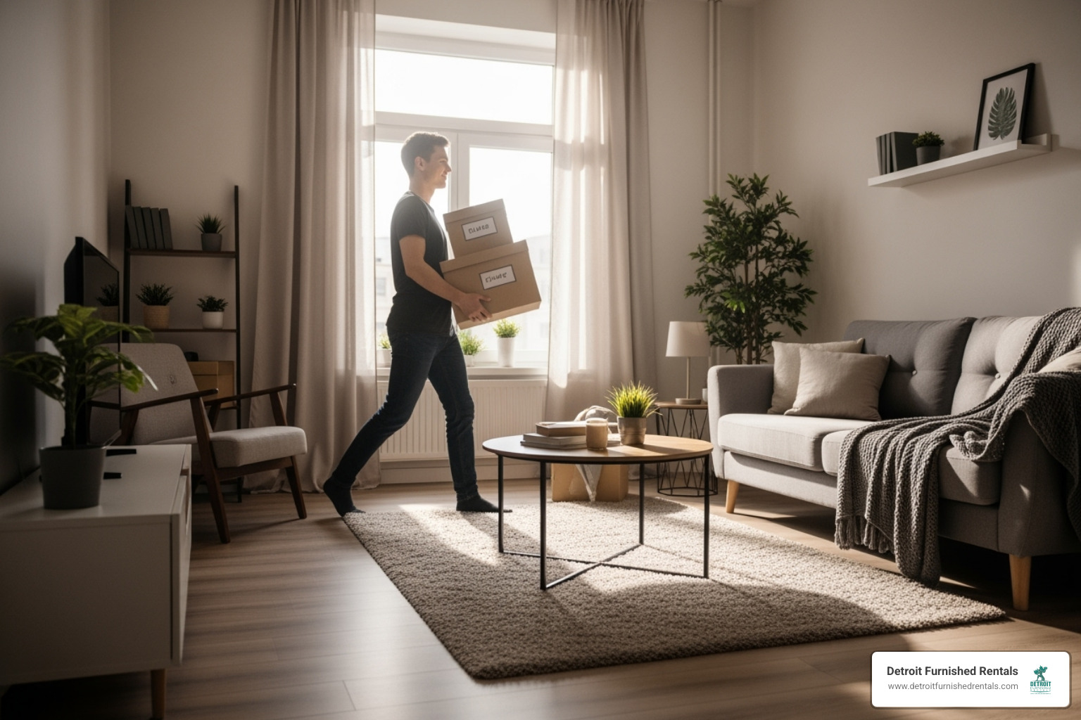 A person easily moving into a furnished apartment with just a few boxes - furnished apartments Detroit area