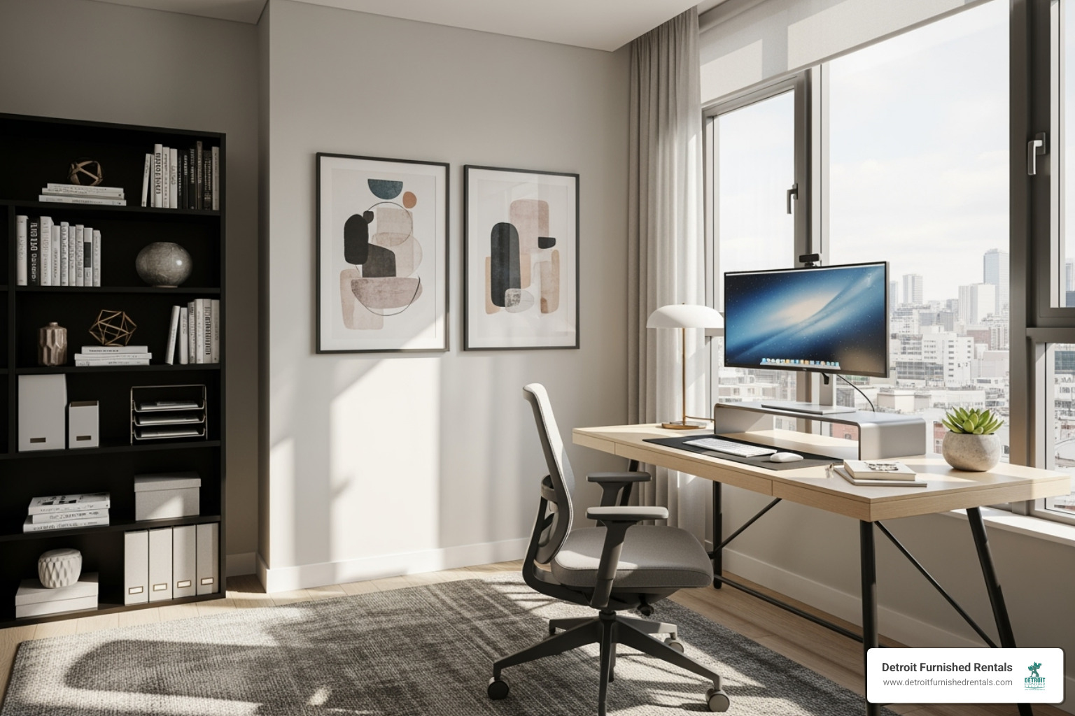 A dedicated home office space within a furnished Detroit apartment - furnished apartments Detroit area