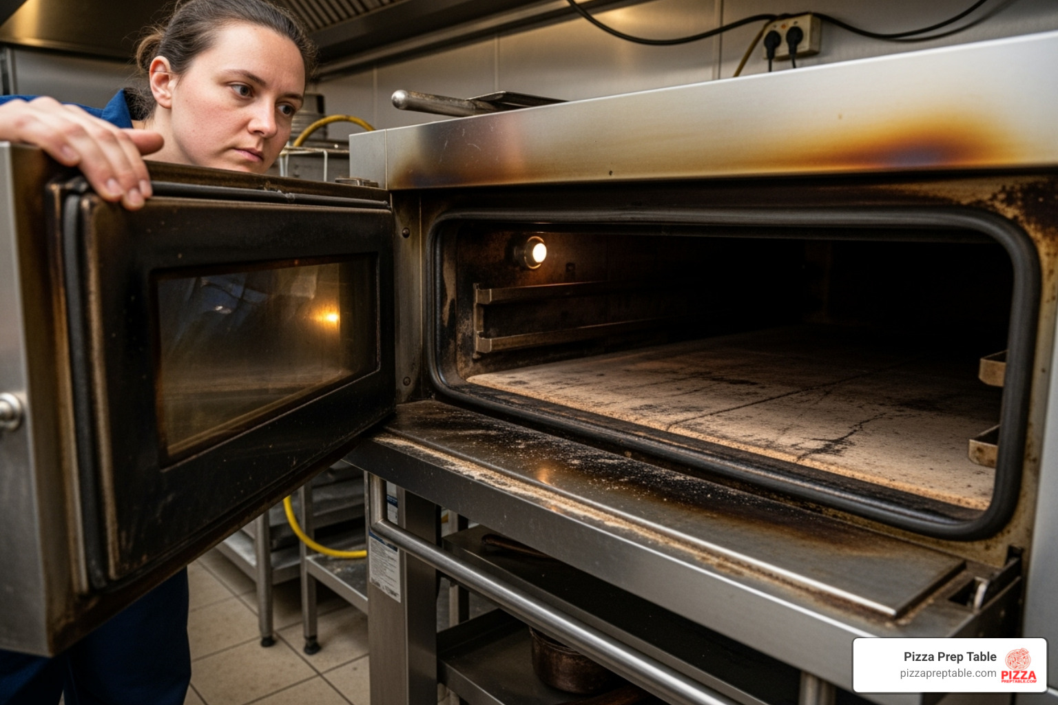 someone inspecting the interior of a used deck oven - used commercial pizza oven someone inspecting the interior of a used deck oven - used commercial pizza oven