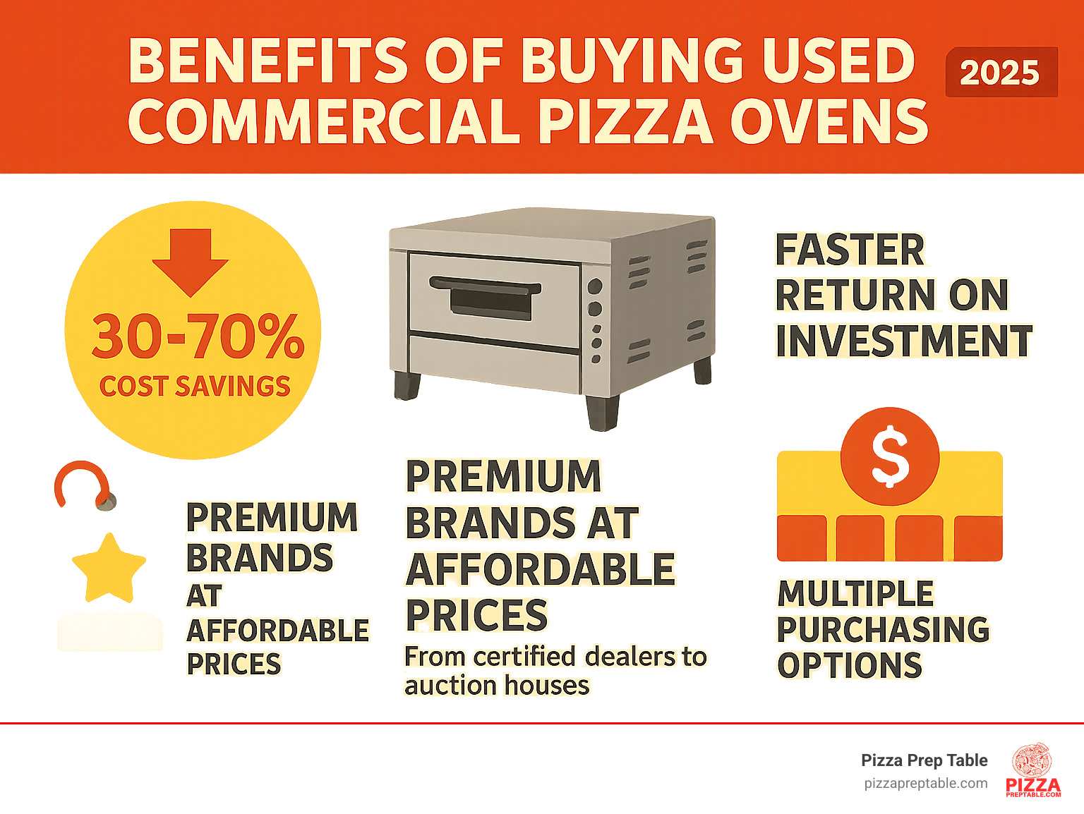 Infographic showing key benefits of buying used commercial pizza ovens: 30-70% cost savings compared to new equipment, faster return on investment for startups, access to premium brands like Bakers Pride and Lincoln at affordable prices, and multiple purchasing options from certified dealers to auction houses - used commercial pizza oven infographic  Infographic showing key benefits of buying used commercial pizza ovens: 30-70% cost savings compared to new equipment, faster return on investment for startups, access to premium brands like Bakers Pride and Lincoln at affordable prices, and multiple purchasing options from certified dealers to auction houses - used commercial pizza oven infographic