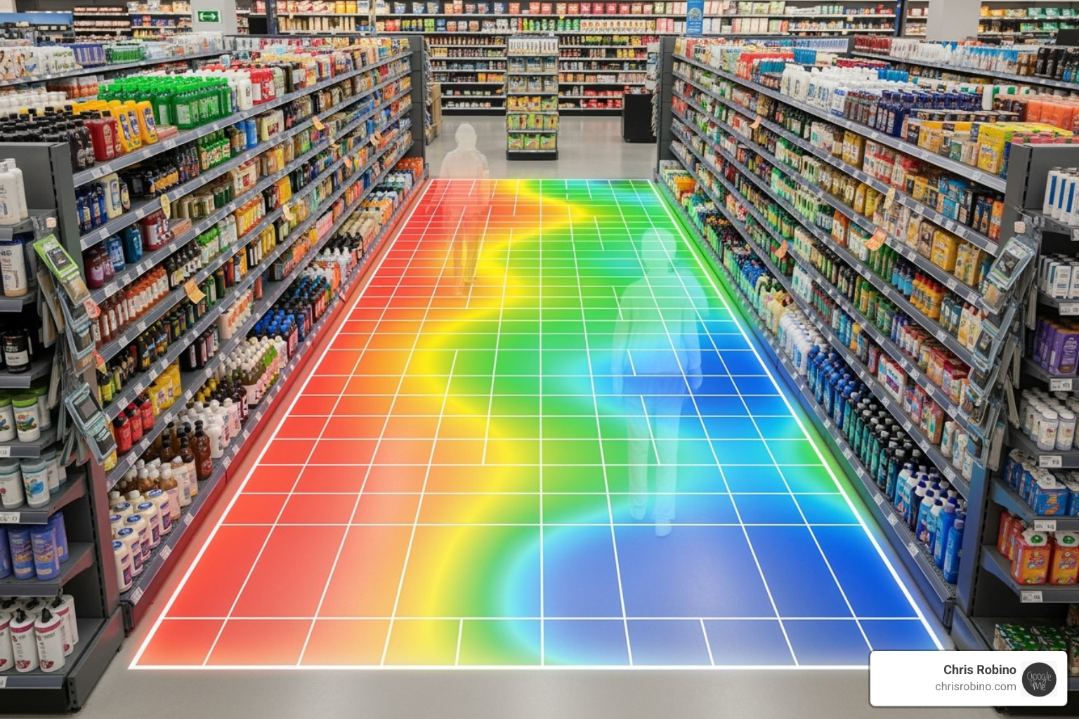 Physical store aisle with digital heat map overlay - retail insights platform
