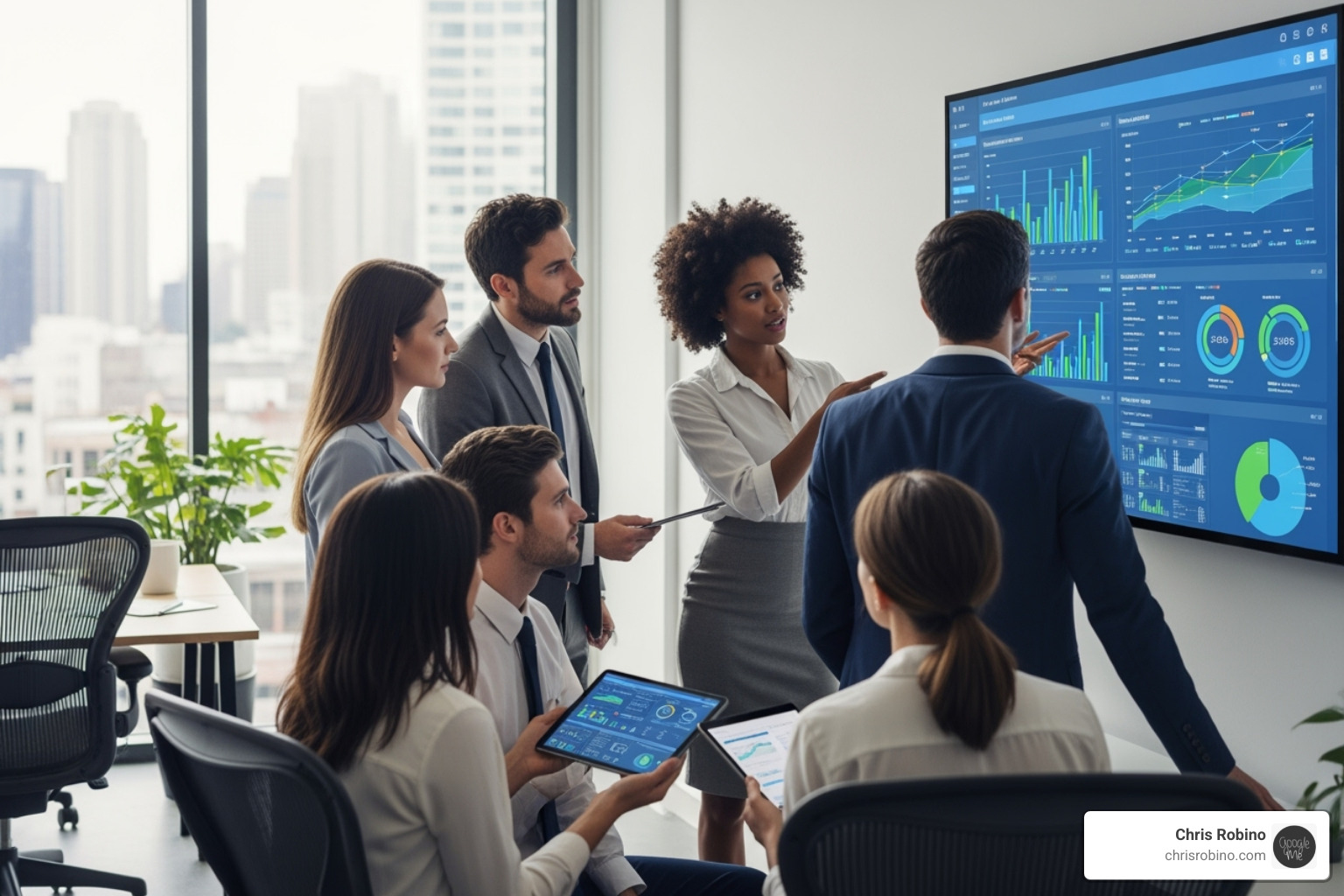 Business team collaborating around a screen displaying analytics - retail insights platform